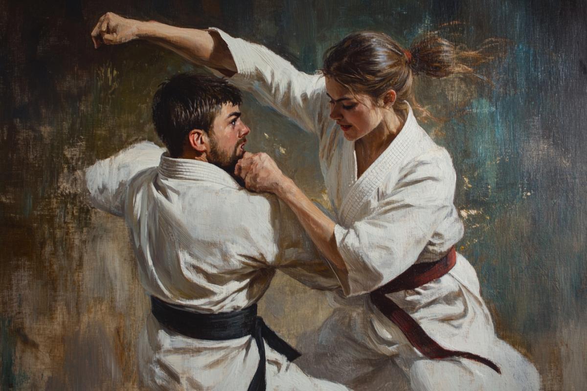 A little funny girl Karatist in a white kimono with a dark belt throws a man through the head