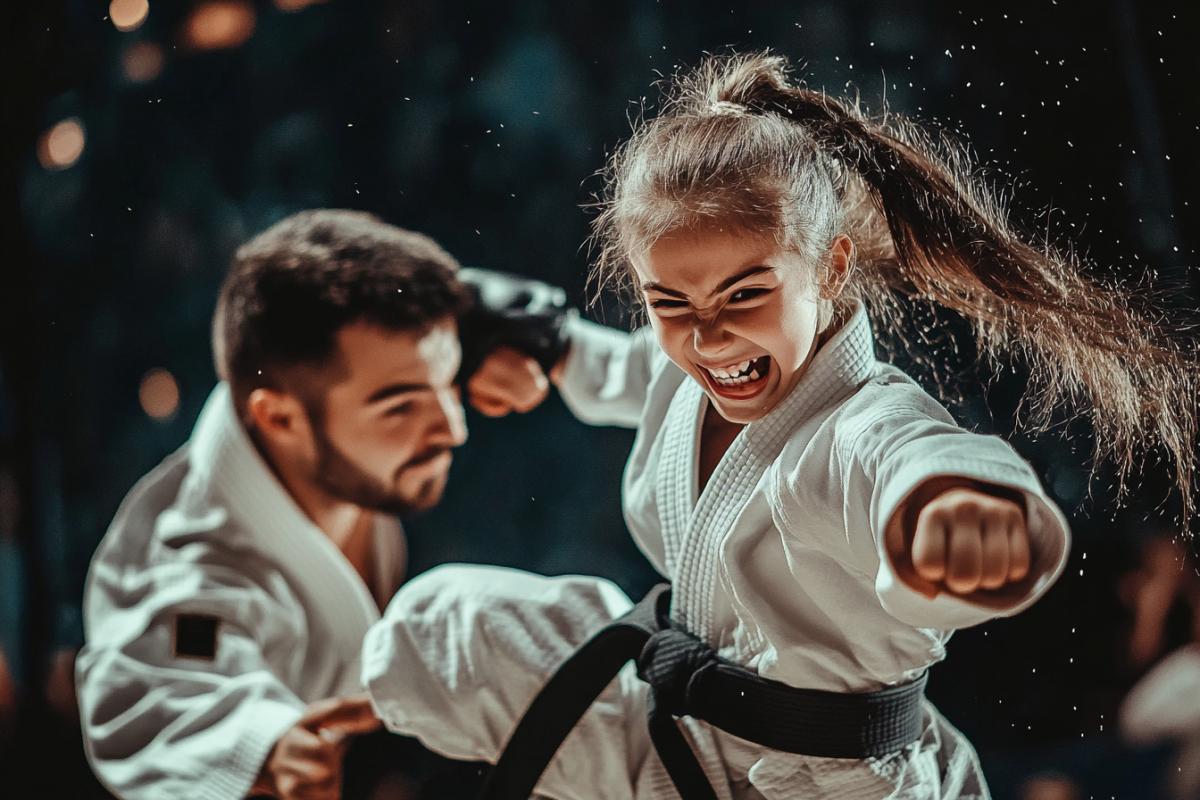 A little funny girl Karatist in a white kimono with a dark belt throws a man through the head