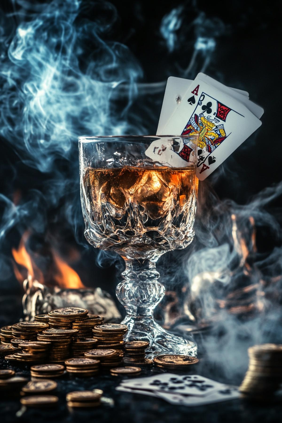 Drink in a smoke glass with bones and coins cards
