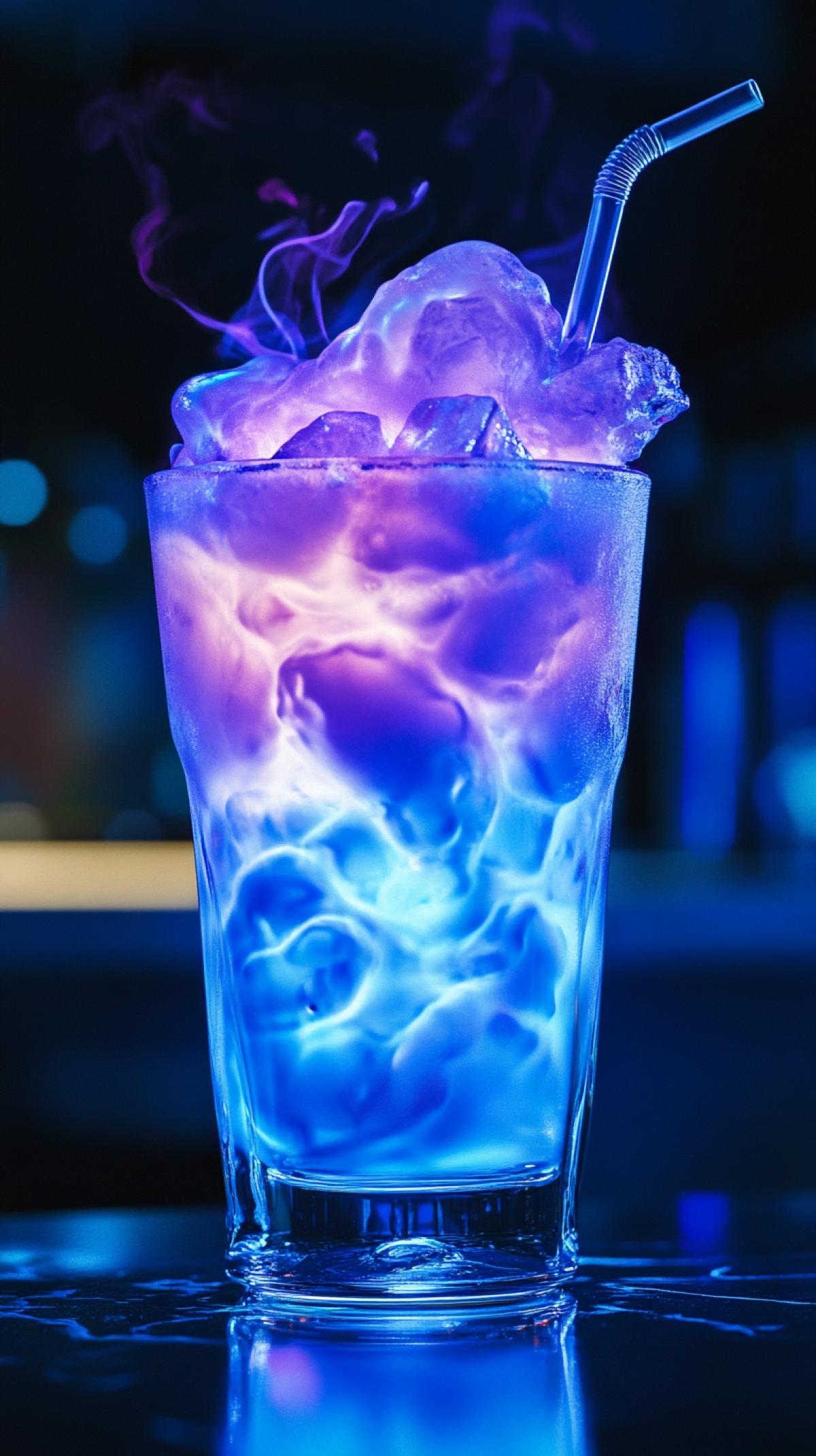 Image of a unique drink that goes beyond the usual. Imagine a fantastic mix where traditional ingredients give way to magical components: the drink can glow, soar or change color depending on the mood