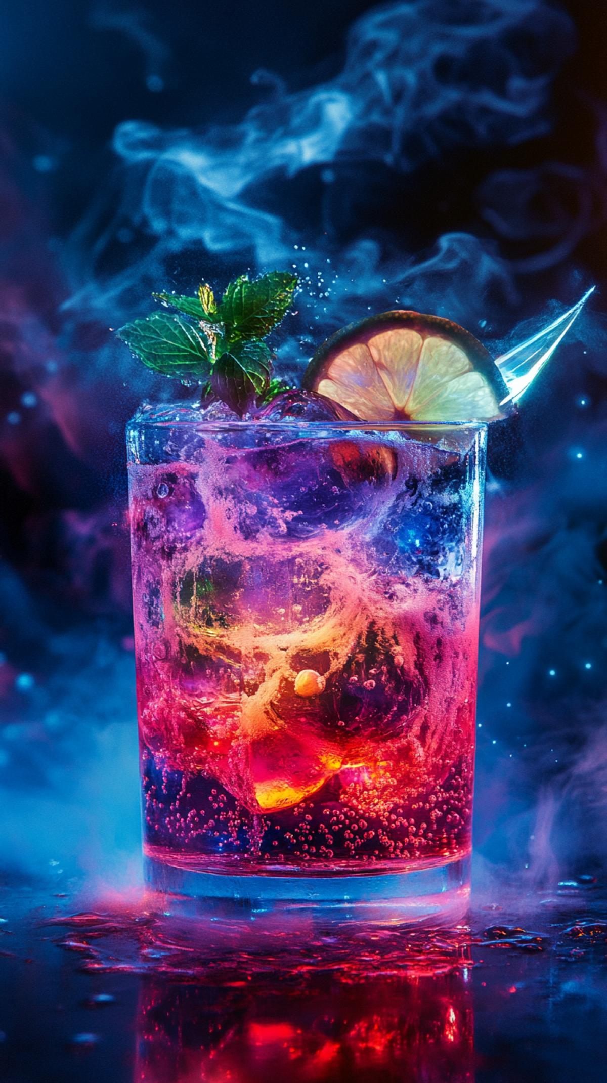 Image of a unique drink that goes beyond the usual. Imagine a fantastic mix where traditional ingredients give way to magical components: the drink can glow, soar or change color depending on the mood