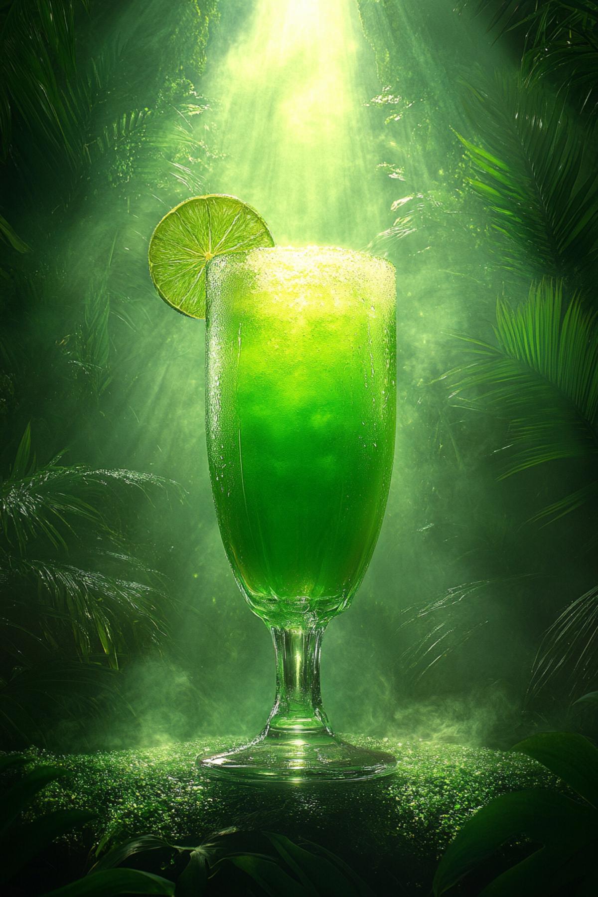 A mysterious fiery cocktail in a magical dark green haze.