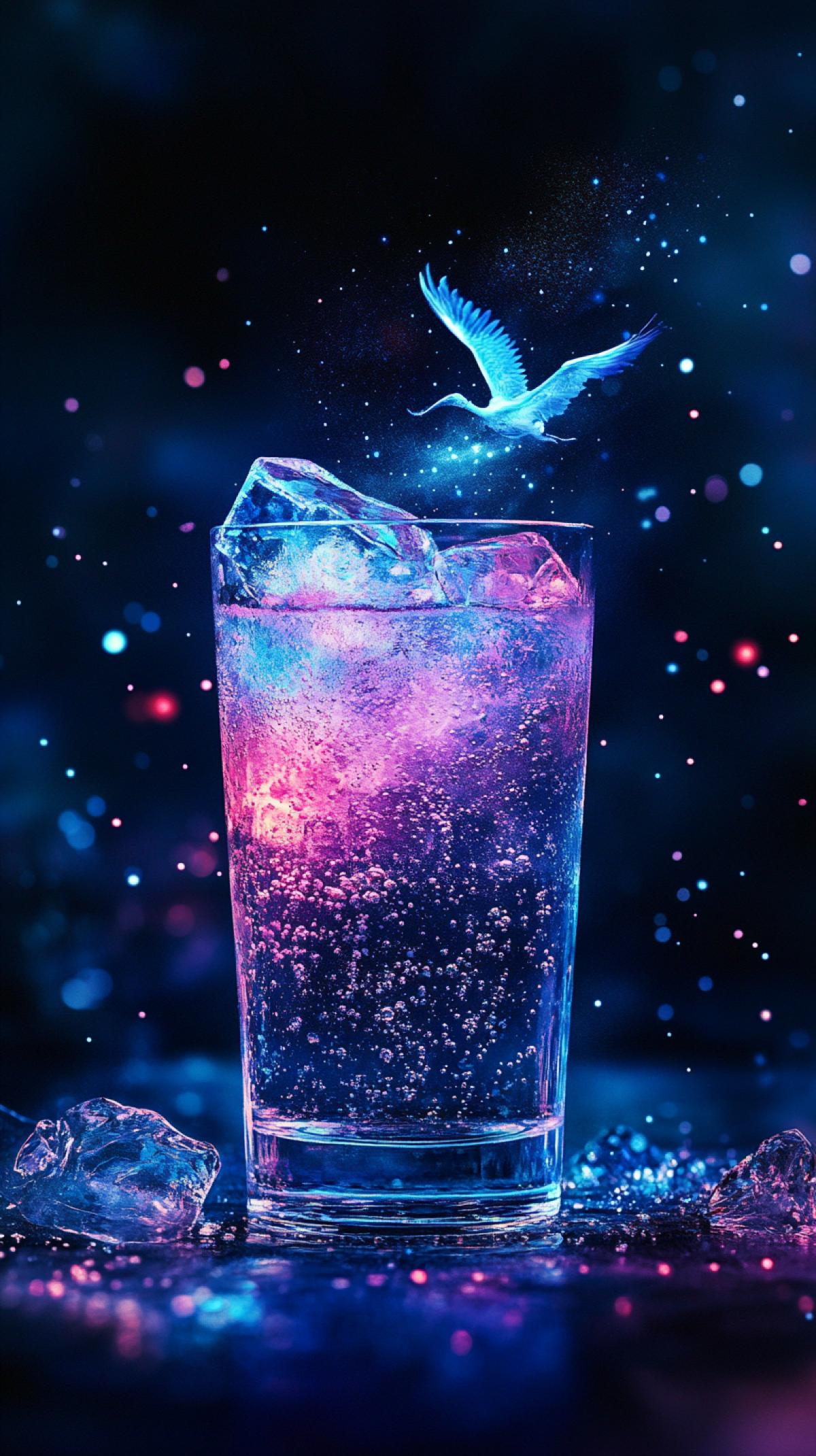 Image of a unique drink that goes beyond the usual. Imagine a fantastic mix where traditional ingredients give way to magical components: the drink can glow, soar or change color depending on the mood