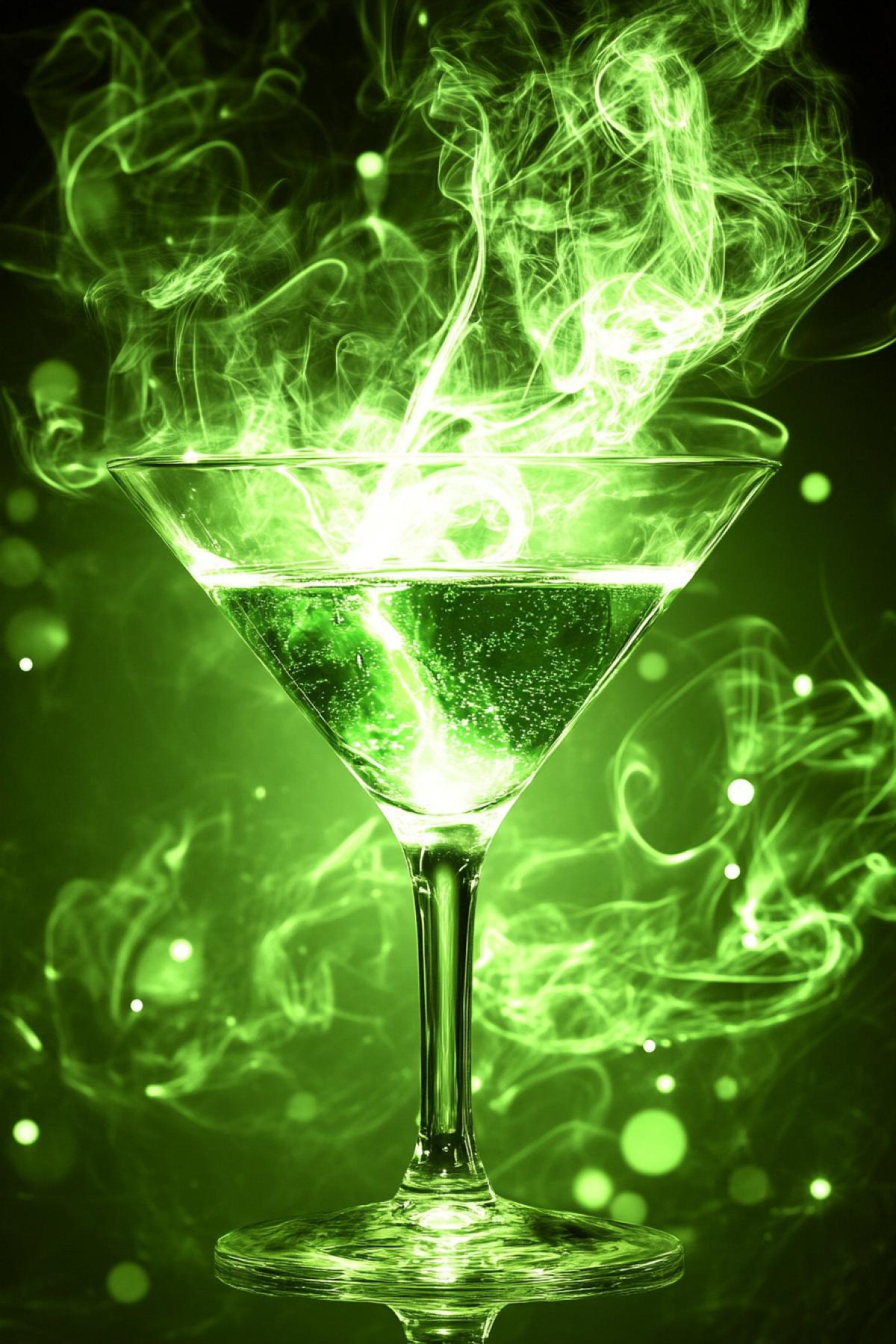 Mysterious bright cocktail in a magical dark green haze. Backlighting.