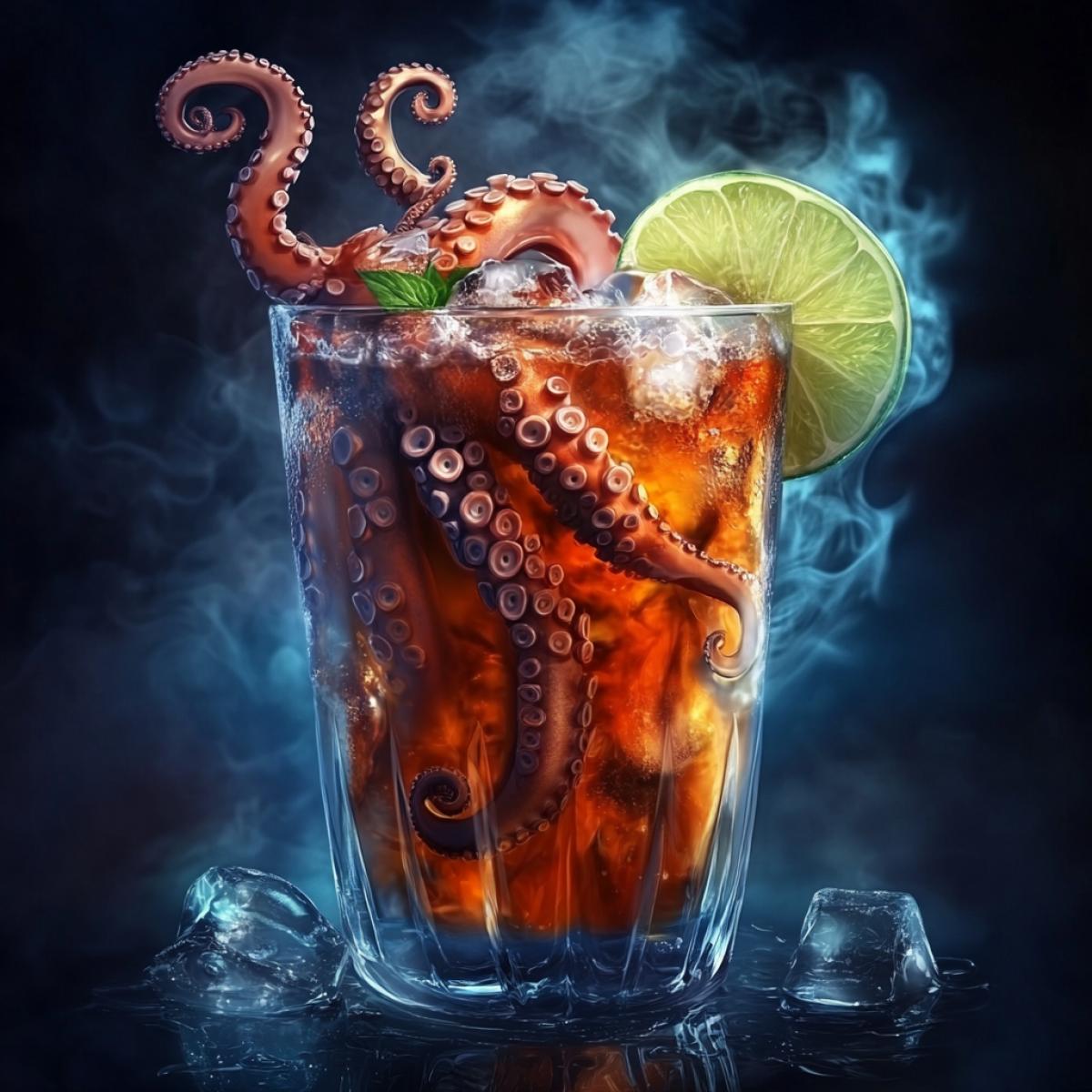 An unusual cocktail, a divine drink, with octopus tentacles, naval assorters, lime and ice, fantasy, smoke, in tension tones, realistic graphics, high detail