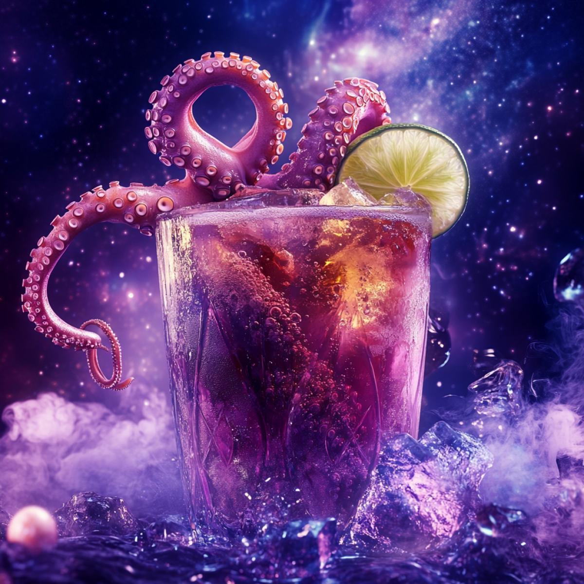 An unusual cocktail, a divine drink, with an octopus tentacles, a fantastic mix, with lime and ice, fantasy, smoke, in tender tones, against the background of the Milky Way, realistic graphics, high detail