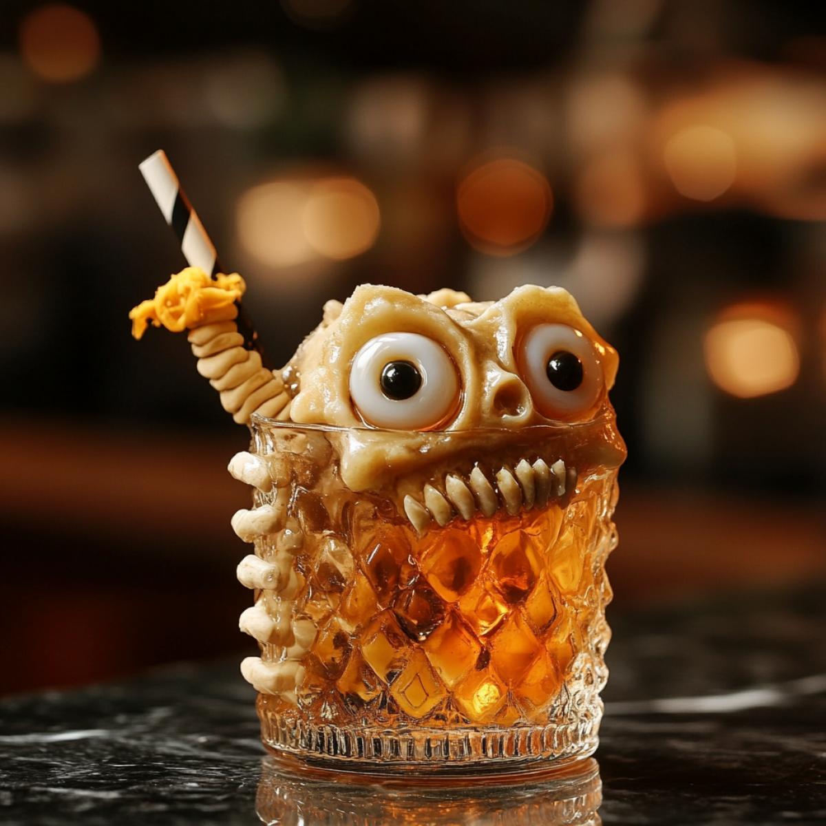 A drink from fish bones sticking out of a glass, snot, something eyes, witchs potion in a glass