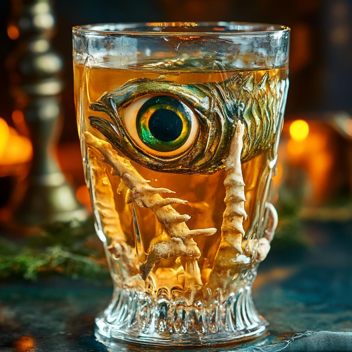 A drink from fish bones sticking out of a glass, snot, something eyes, witchs potion in a glass