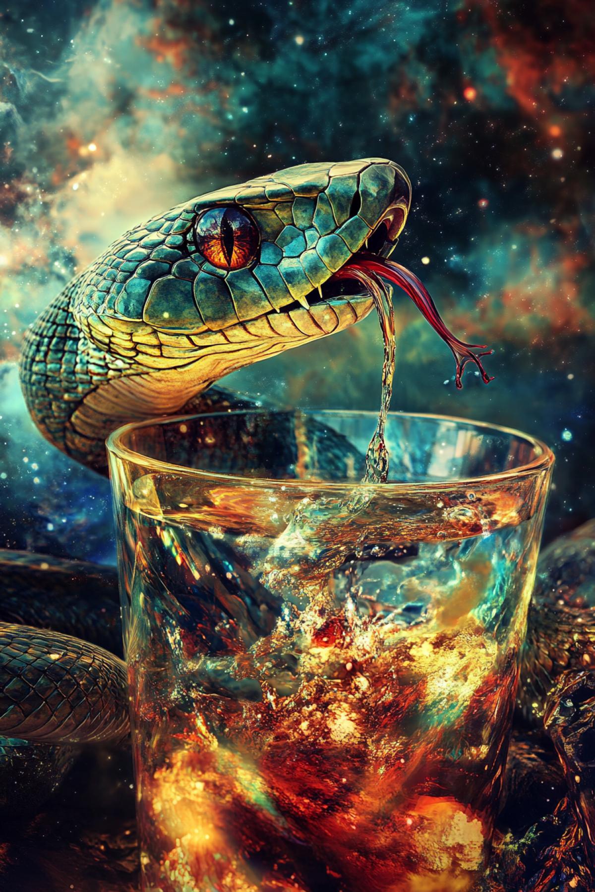 The snake wrapped around a glass of poison, the snake spits the poison into a glass. Surrealism Magic Galaxy