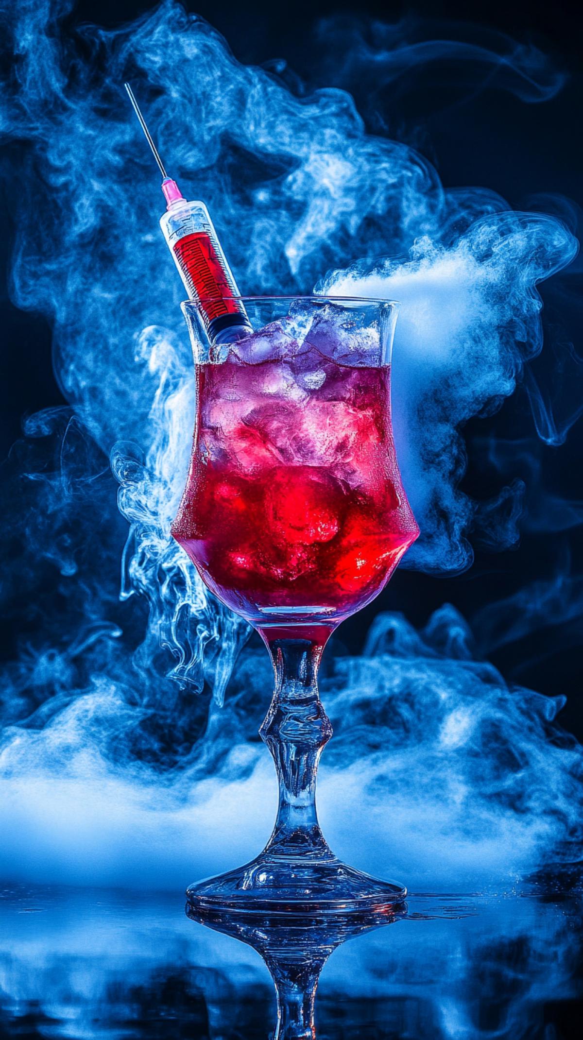 A cocktail in an unusual glass, spray, smoke, ice, a syringe with red liquid, glow, science fiction, surrealism. Photo of high quality
