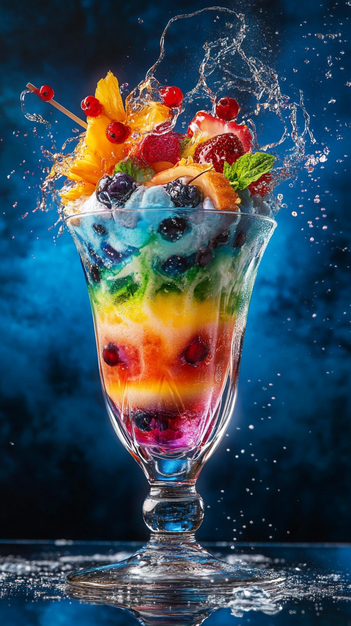 A fantastic creative big glass, inside a beautiful cocktail multicolored layers, a decoration of colors of tropical and berries, unreal, designer, nonstandard form, creativity. Madness, madness, spray surrealism. Fiction. High detail. Art design