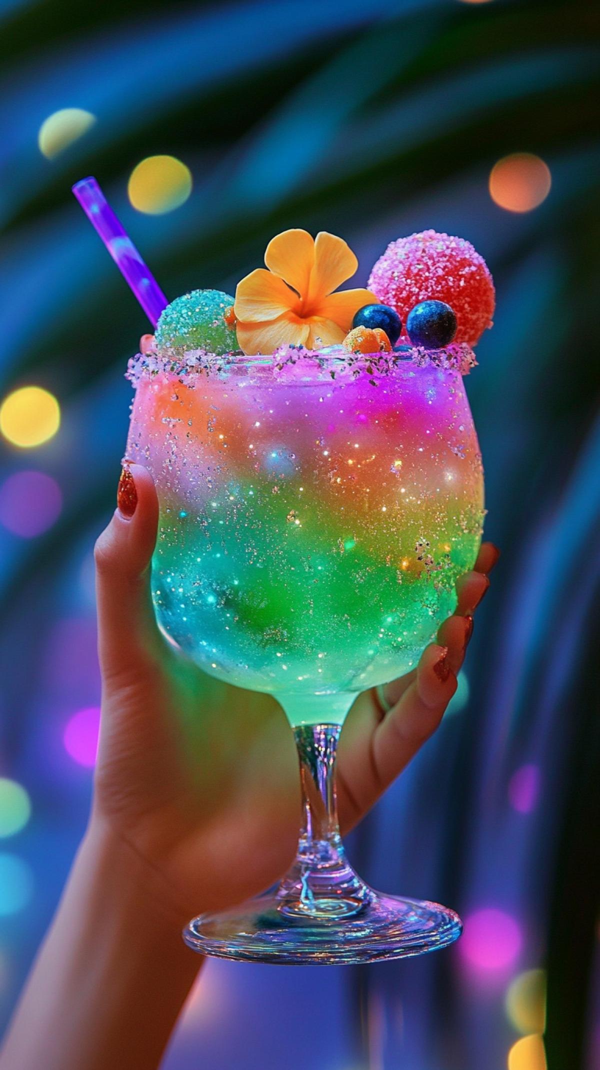 Tropical cocktail in the hand of a girl, against the backdrop of a sea of palm trees. Cocktail in a beautiful glass, shines from the inside, sectors of fruits, flower, balls, high detail, professional photo