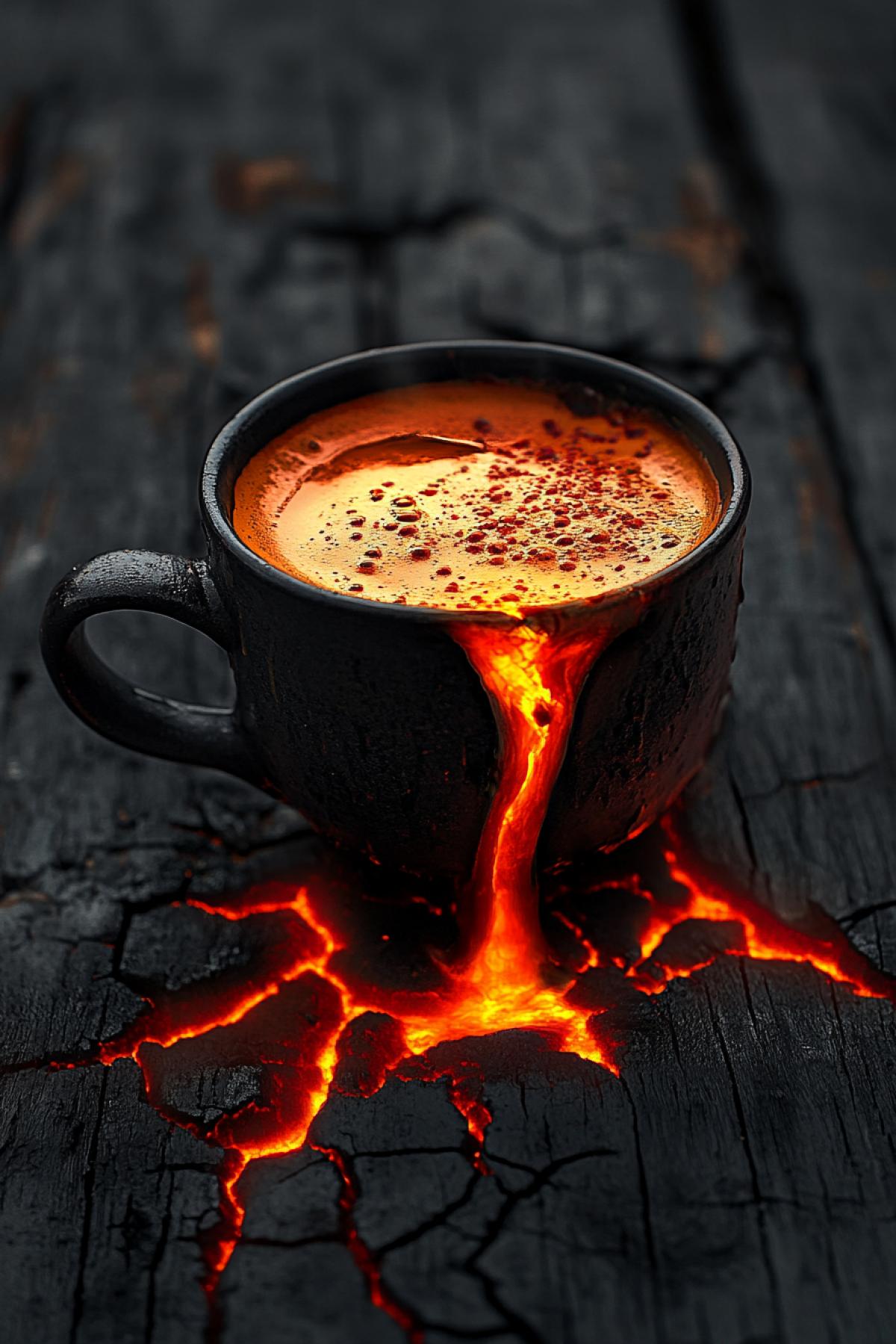 A cup of coffee with glowing lava-like foam spilling over the rim, dark obsidian ceramic mug, red-orange liquid shimmering with heat, set on a scorched wooden table, glowing cracks in the wood, dramatic lighting and rich detail