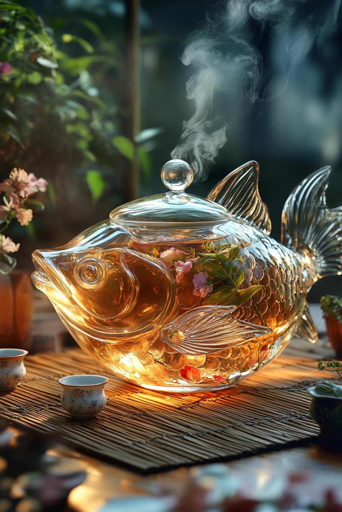 A crystal-clear fish-shaped teapot with steaming herbal tea inside, visible herbs and flowers swirling in the belly, fins acting as elegant handles, placed on a bamboo mat with tiny porcelain cups, natural light, balance of whimsy and harmony