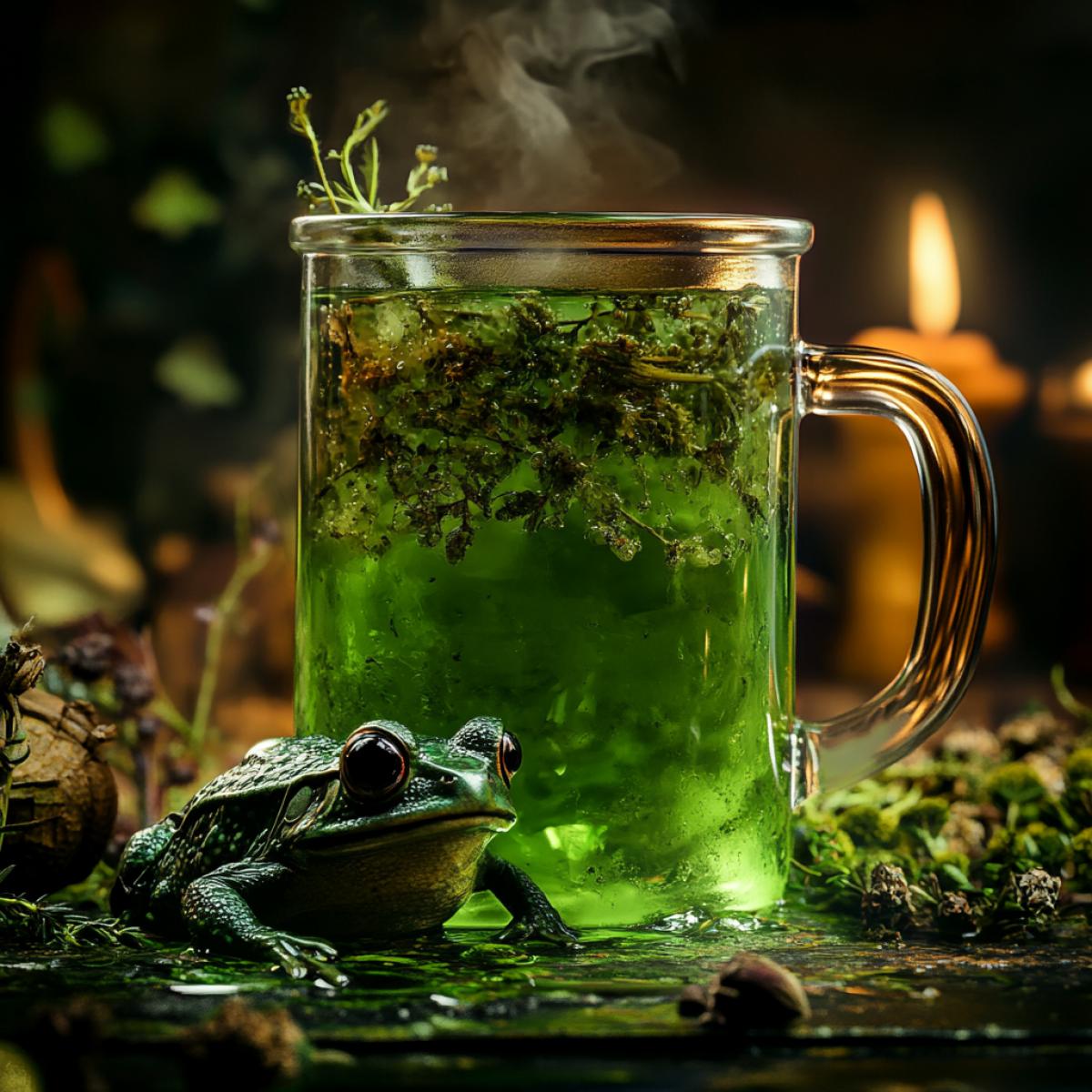 Witchs drink, from a horror film, a large transparent mug, inside a green potion of herbs, a toad, a thick drink flows around the edges, terribly, mysterious, cinematic, cinematic