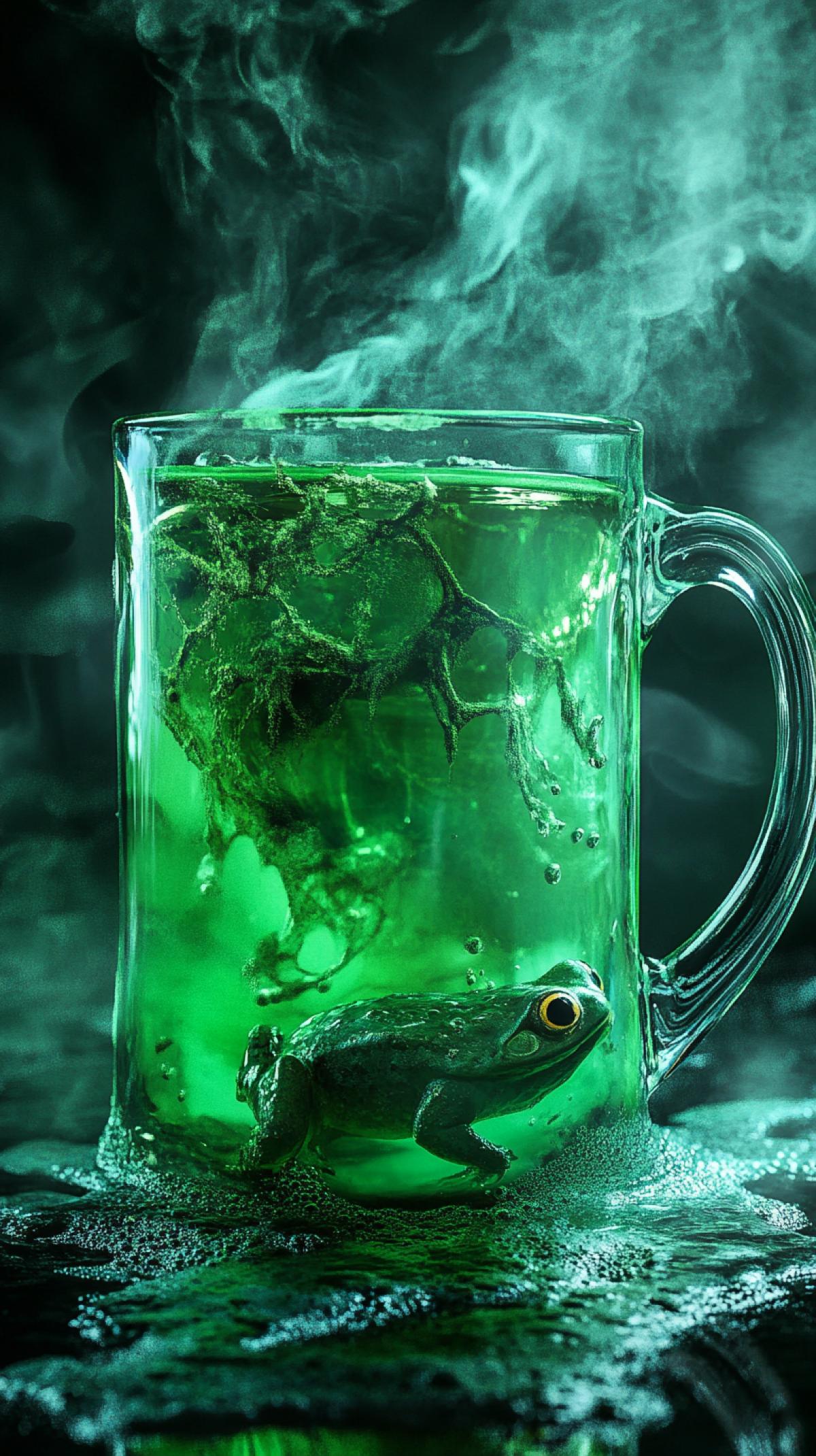 A drink of a witch, from a horror movie, a large transparent mug, inside a green potion, a toad, a thick drink flows along the edges, scary, kinematographic,