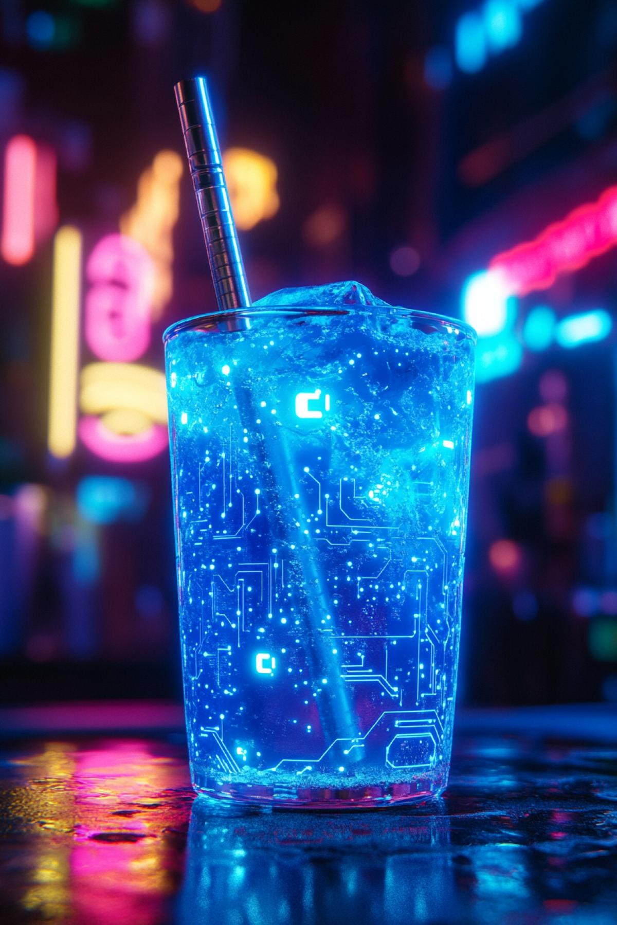 A glowing neon-blue lemonade in a glass with circuit-like patterns, condensation glowing slightly, a metallic straw with tiny lights, placed on a reflective surface in a cyberpunk café with blurry neon signs in the background, high detail, futuristic charm