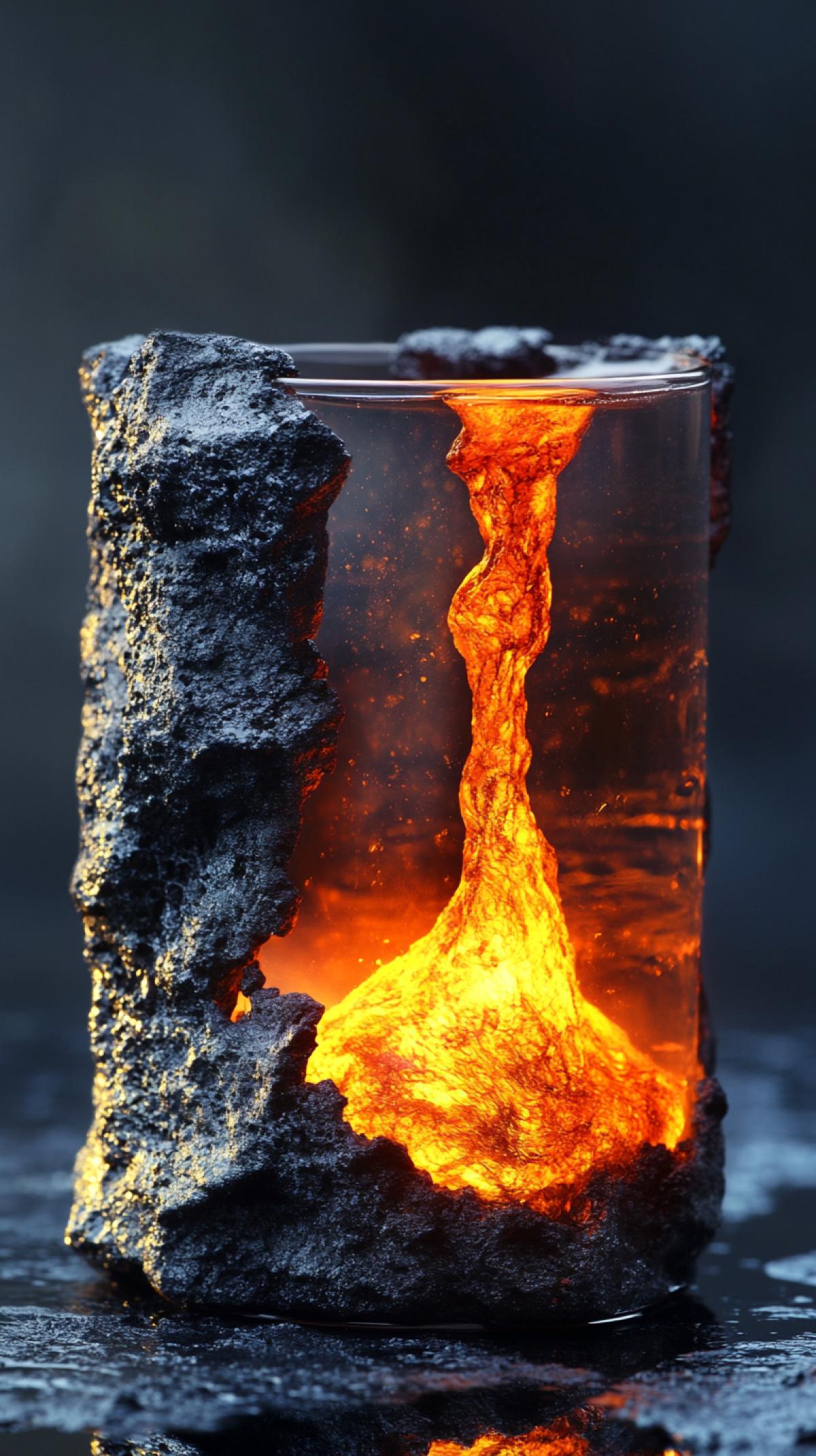 Fantastic drink. A cocktail in the form of a hot volcanic lava in a glass of stone. Stone glass. Von volcano and ocean