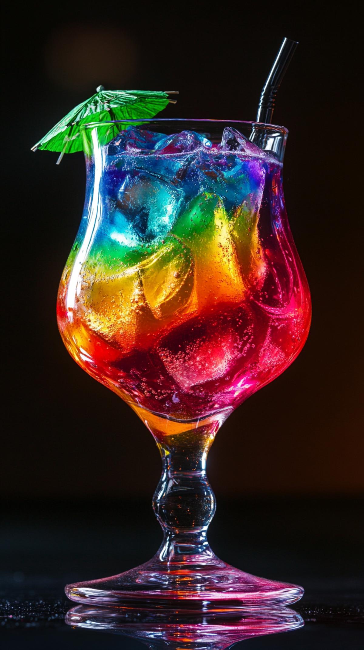 Fantastic drink. Rainbow cocktail in a transparent glass glass