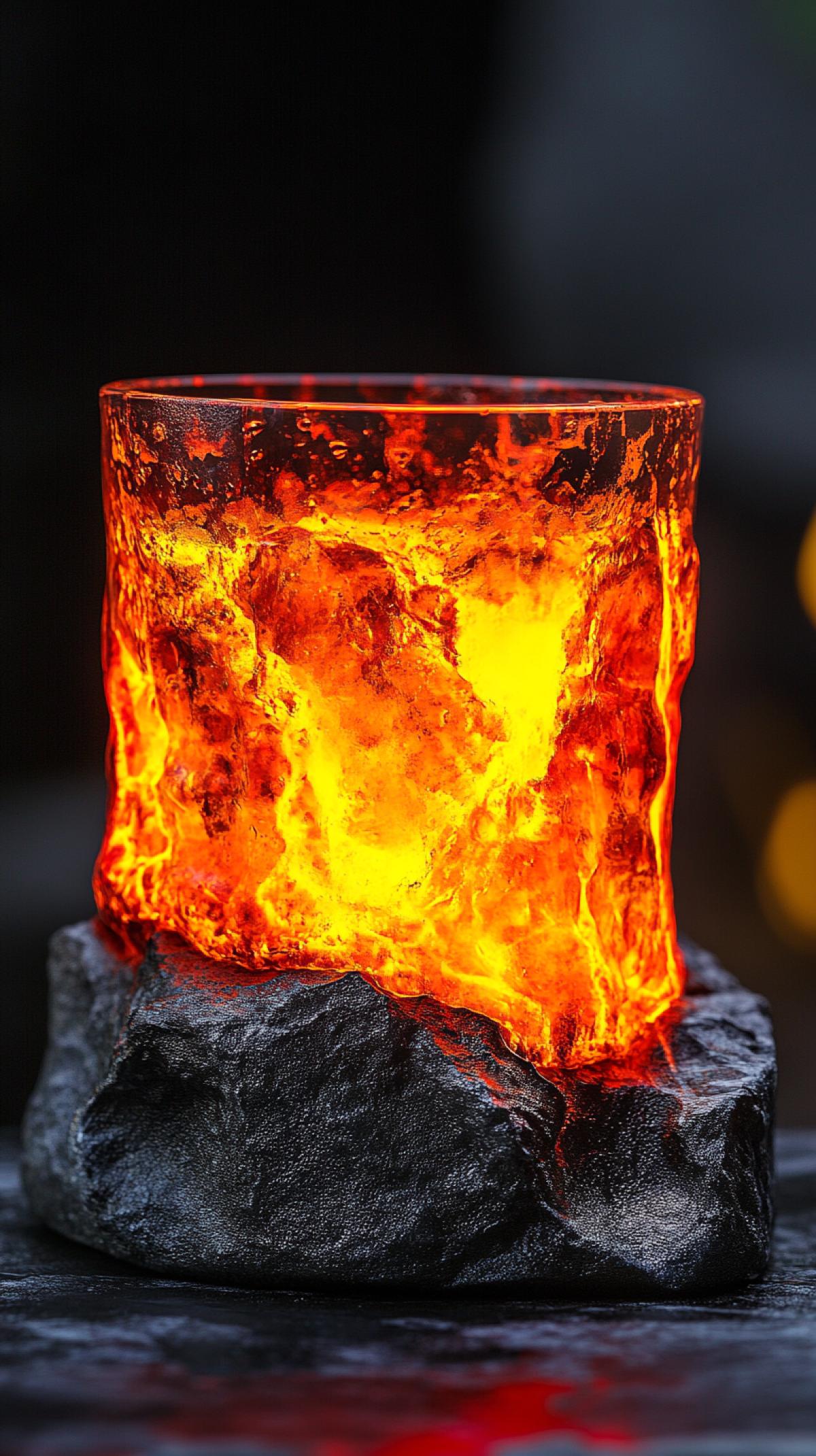 Fantastic drink. Cocktail in the form of a hot volcanic lava in a glass of stone