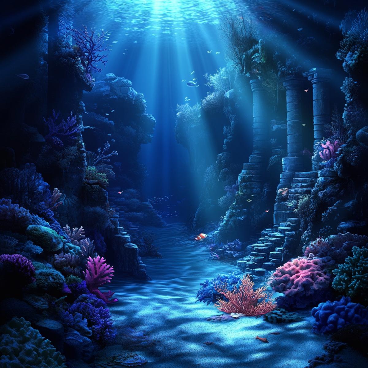 The mysterious world of the depths, the beauty of the underwater shooting, the atmosphere of calm and the mysticism of the sea depths, the ruins of ancient civilization, the game of light and shadows, the greatness of coral reefs and the mystery of marine inhabitants, high detail, the realized graphics