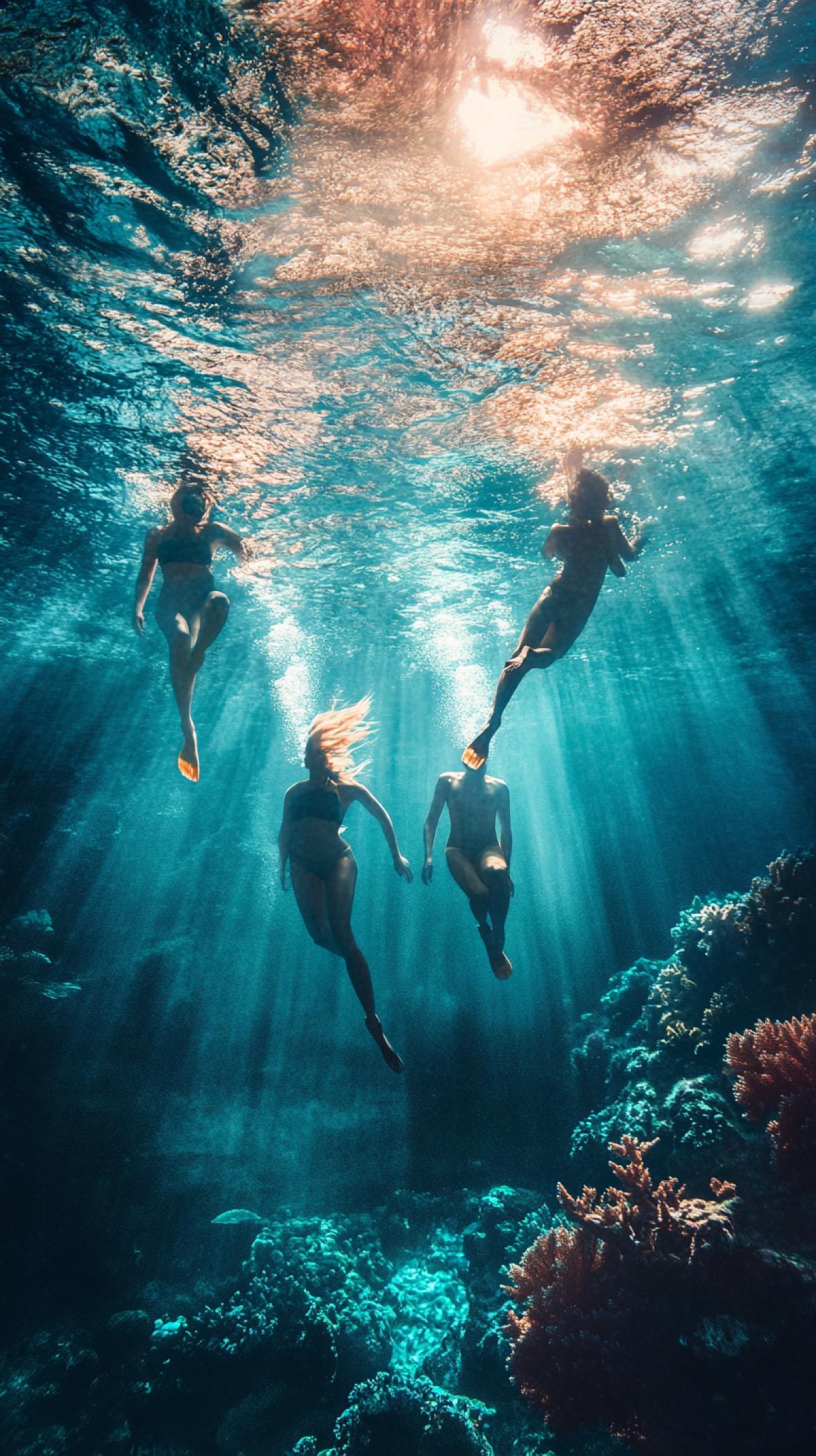 Create an image in which the beauty of underwater shooting will appear. Let your works convey the atmosphere of calmness and mysticism of the depths, emphasize the game of light and shadows, the greatness of coral reefs and the mystery of marine inhabitants. Three people swim right on you