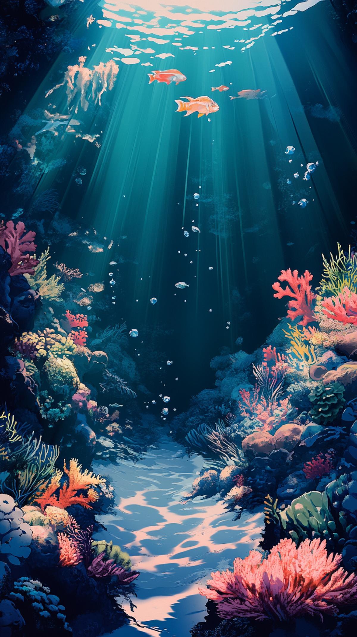 Create an image in which the beauty of underwater shooting will appear. Let your works convey the atmosphere of calmness and mysticism of the depths, emphasize the game of light and shadows, the greatness of coral reefs and the mystery of marine inhabitants. In the foreground, three scubales are largely looking at you