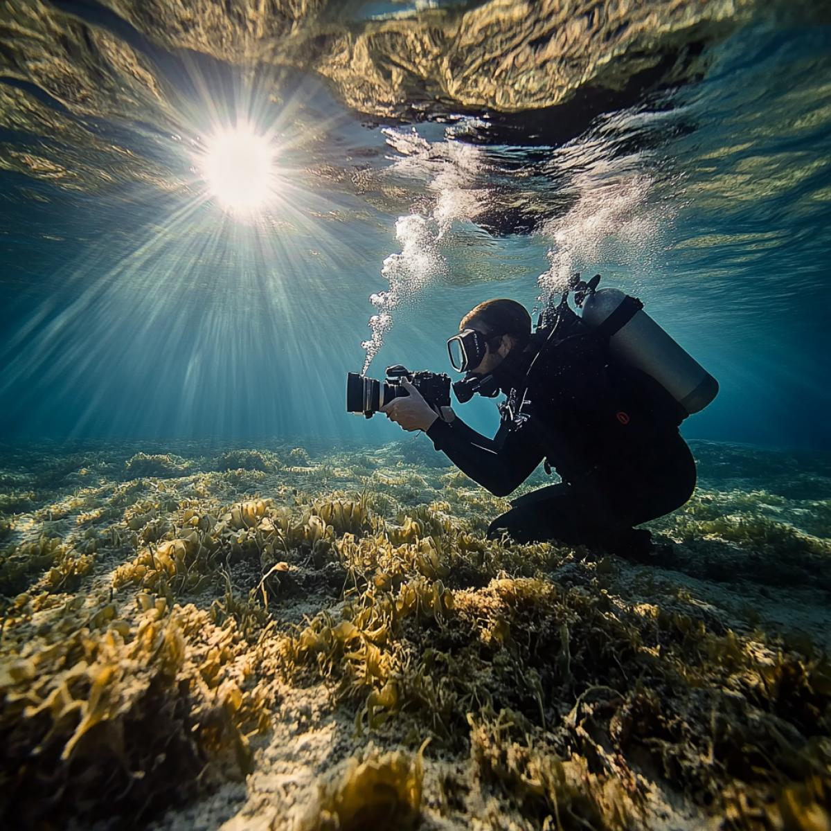 The aqualangist photographs the sea inhabitant under water, they are friendly azure water through it, the suns rays penetrate, around the scuba diver a beautiful sea bottom