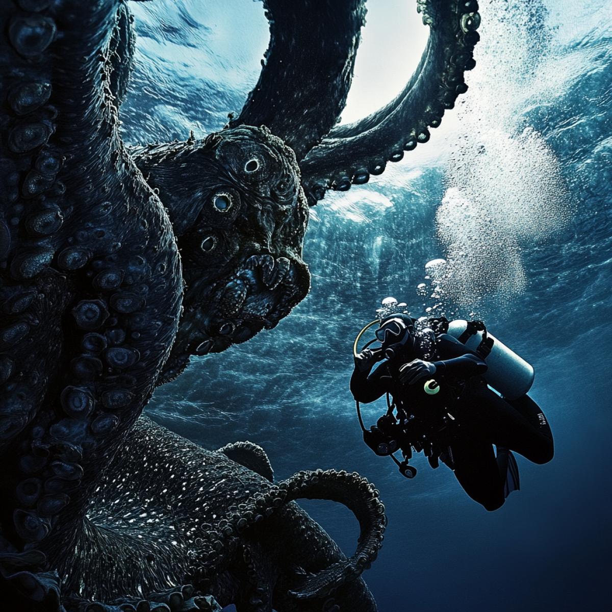 Underwater shooting, the best shots of National Geographic in the photo depicts a scuba diver and marine inhabitants