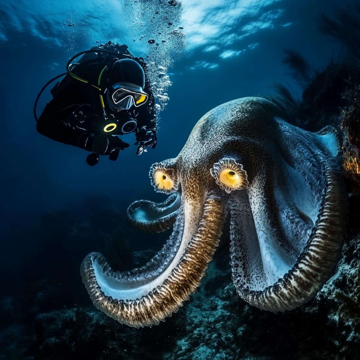Underwater shooting, the best shots of National Geographic in the photo depicts a scuba diver and marine inhabitants