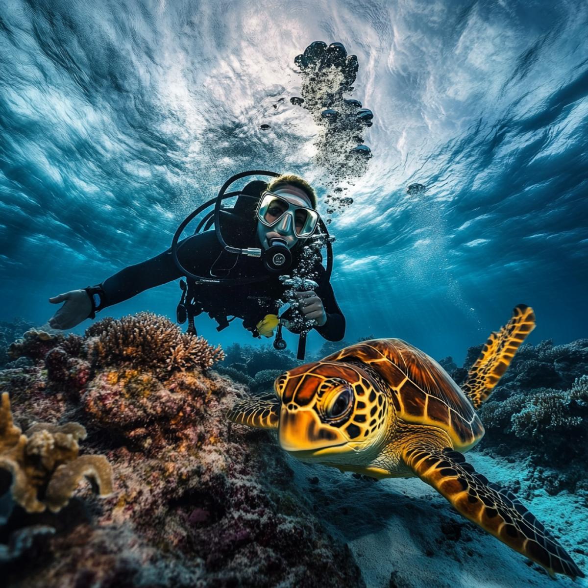 Underwater shooting, the best shots of National Geographic in the photo depicts a scuba diver and marine inhabitants