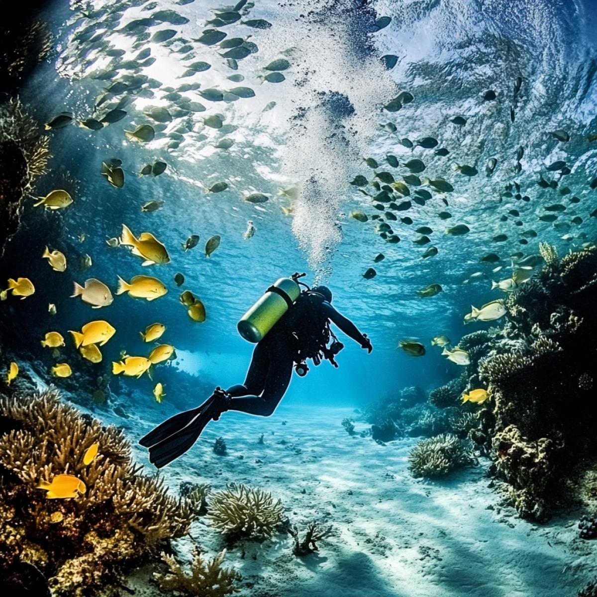 Underwater shooting, the best shots of National Geographic in the photo depicts a scuba diver and marine inhabitants