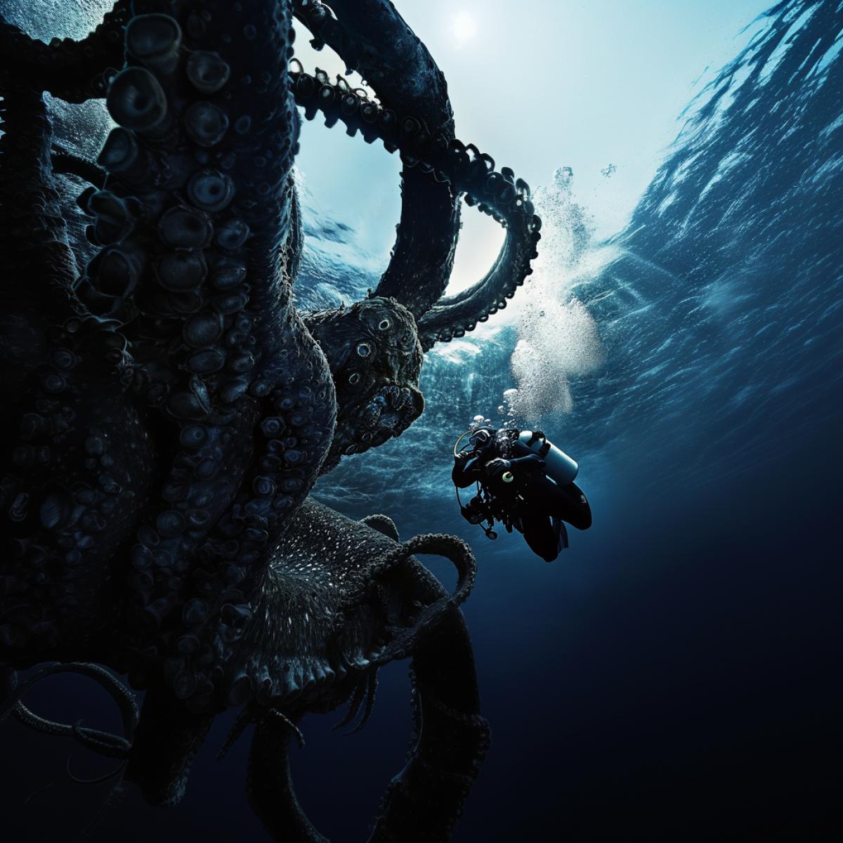 Underwater shooting, the best shots of National Geographic in the photo depicts a scuba diver and marine inhabitants