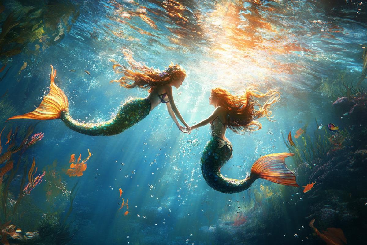 Two mermaids of girls with fish tails drag the sailor’s feet to the bottom of the sea, the sailor floats up, the view from the depths, the underwater kingdom