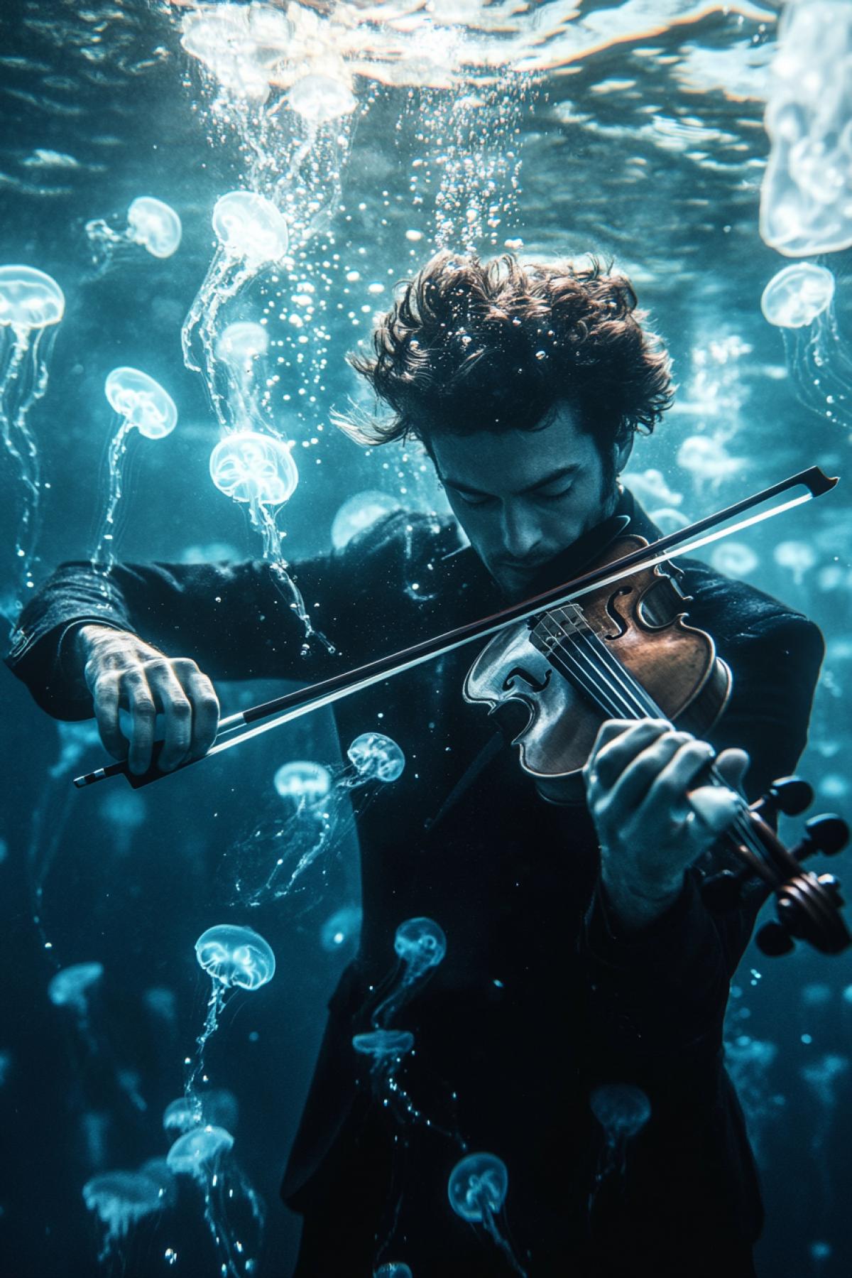 A man in a dark suit playing a violin underwater, his bow gliding slowly across the strings, notes visualized as glowing jellyfish drifting upward, his hair and jacket floating around, dramatic lighting from above, a poetic and cinematic scene