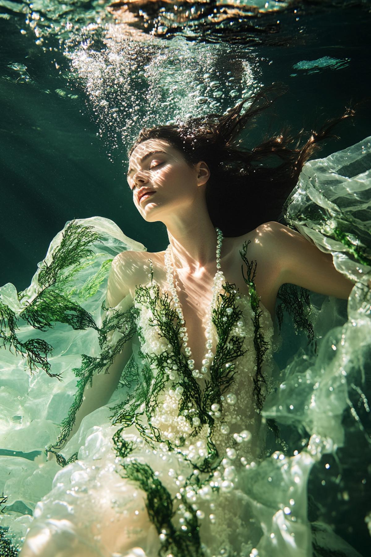 A female model floating mid-water wearing an elegant dress made of green kelp and pearls, long fabric extending like wings, face calm with closed eyes, water ripples and refracted sunlight creating soft patterns on her skin, dreamlike high-fashion underwater shoot