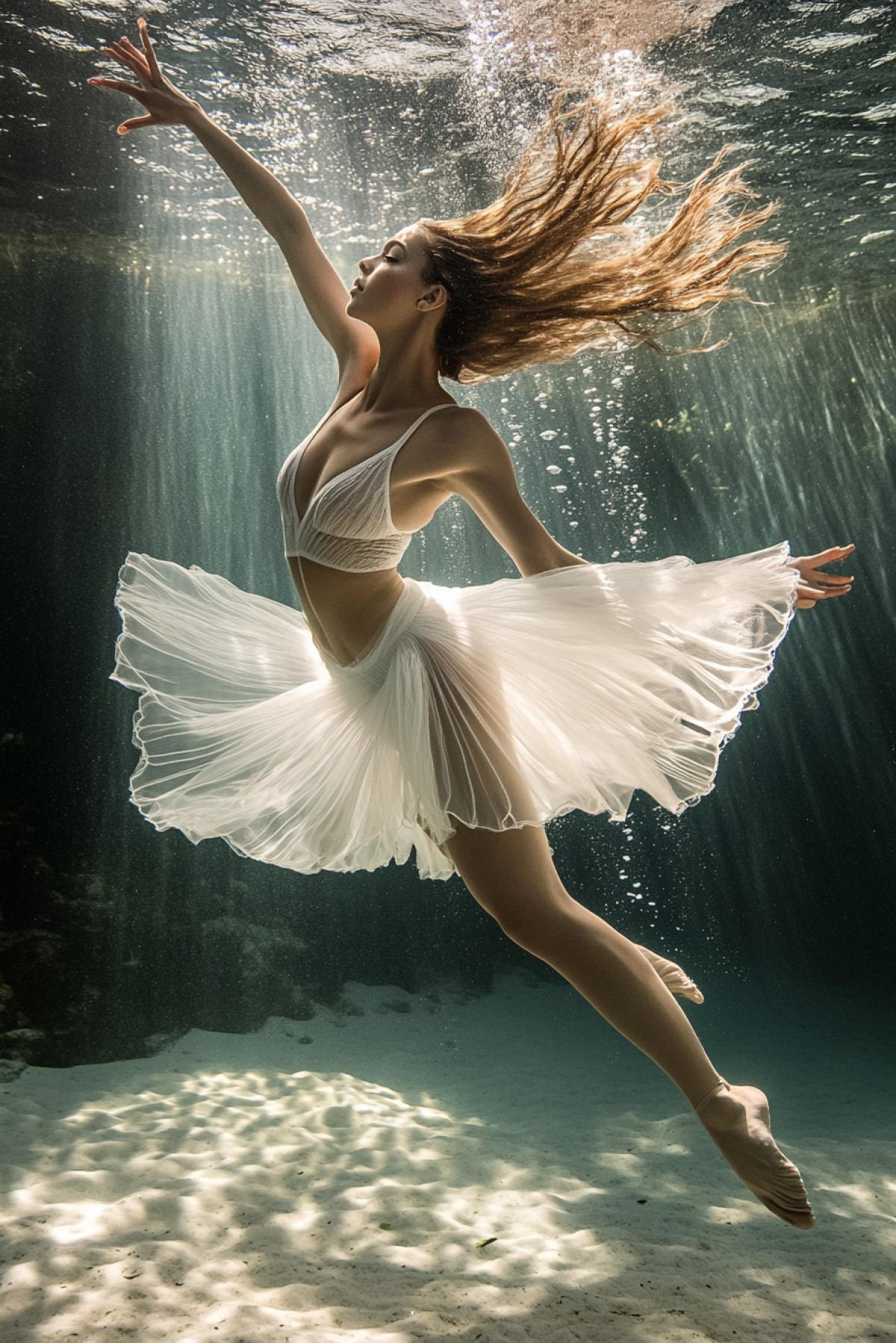 A graceful ballerina in a flowing white dress, dancing underwater with her hair and fabric billowing like jellyfish tendrils, soft rays of sunlight breaking through the surface, air bubbles around her, captured in slow-motion cinematic underwater photography style
