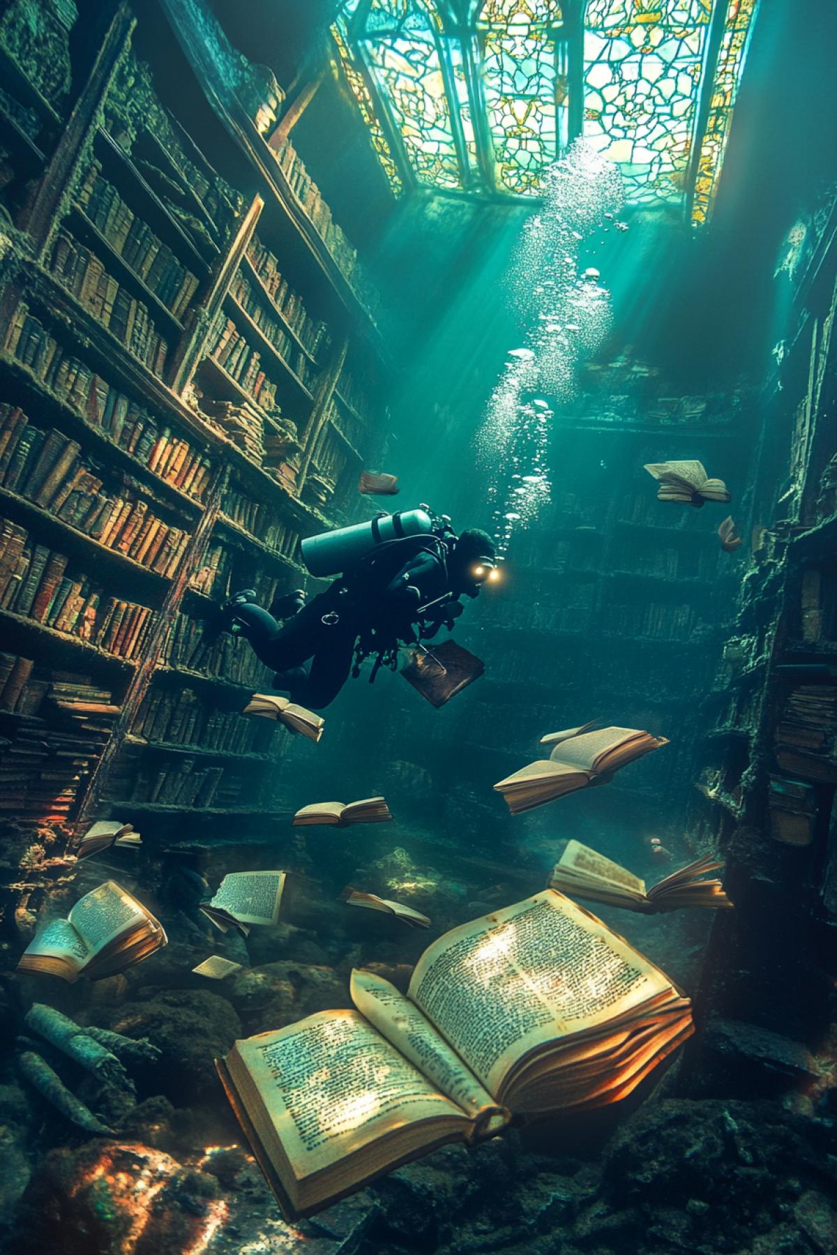 A mysterious underwater library with floating open books, aged wooden shelves covered in algae, sunlight filtering through cracked stained glass above, a diver with a flashlight slowly approaching, pages moving in the current, surreal and haunting beauty
