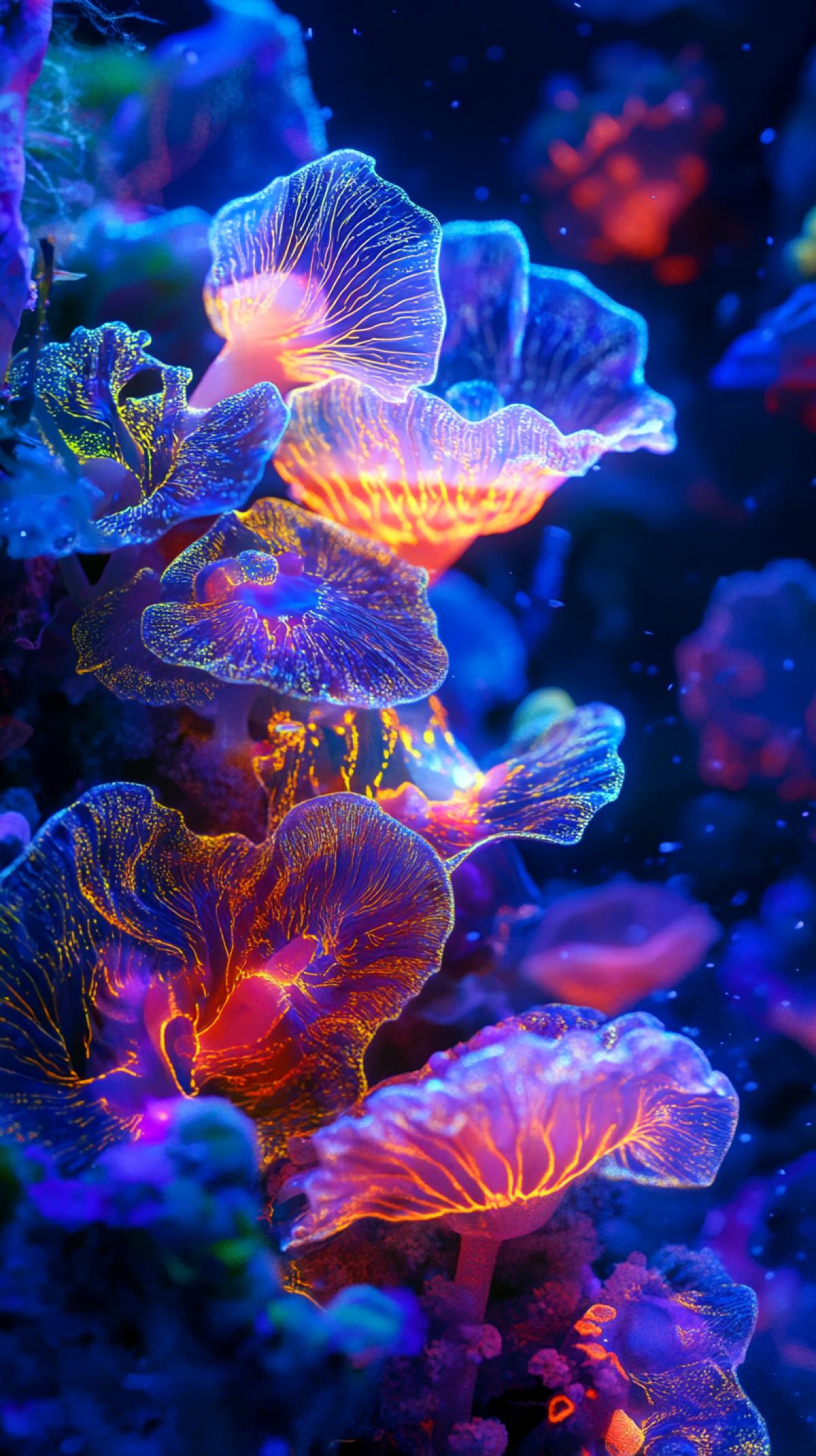 bioluminescent, seaweed, seaworld, shells, neon lighting, 8k