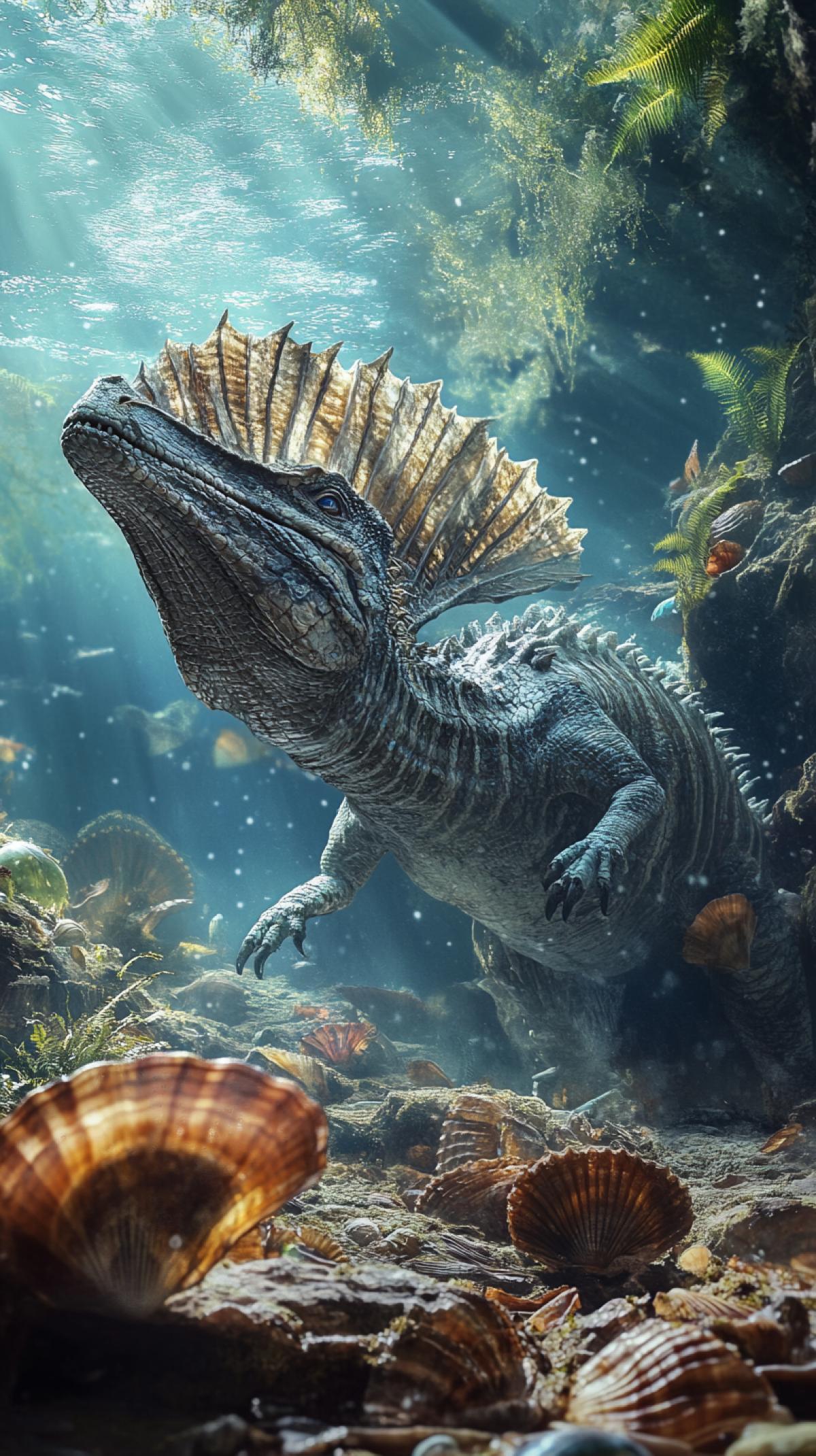 Jurassic sea world, sea dinosaurs, seashells, algae, hunting scene, photos