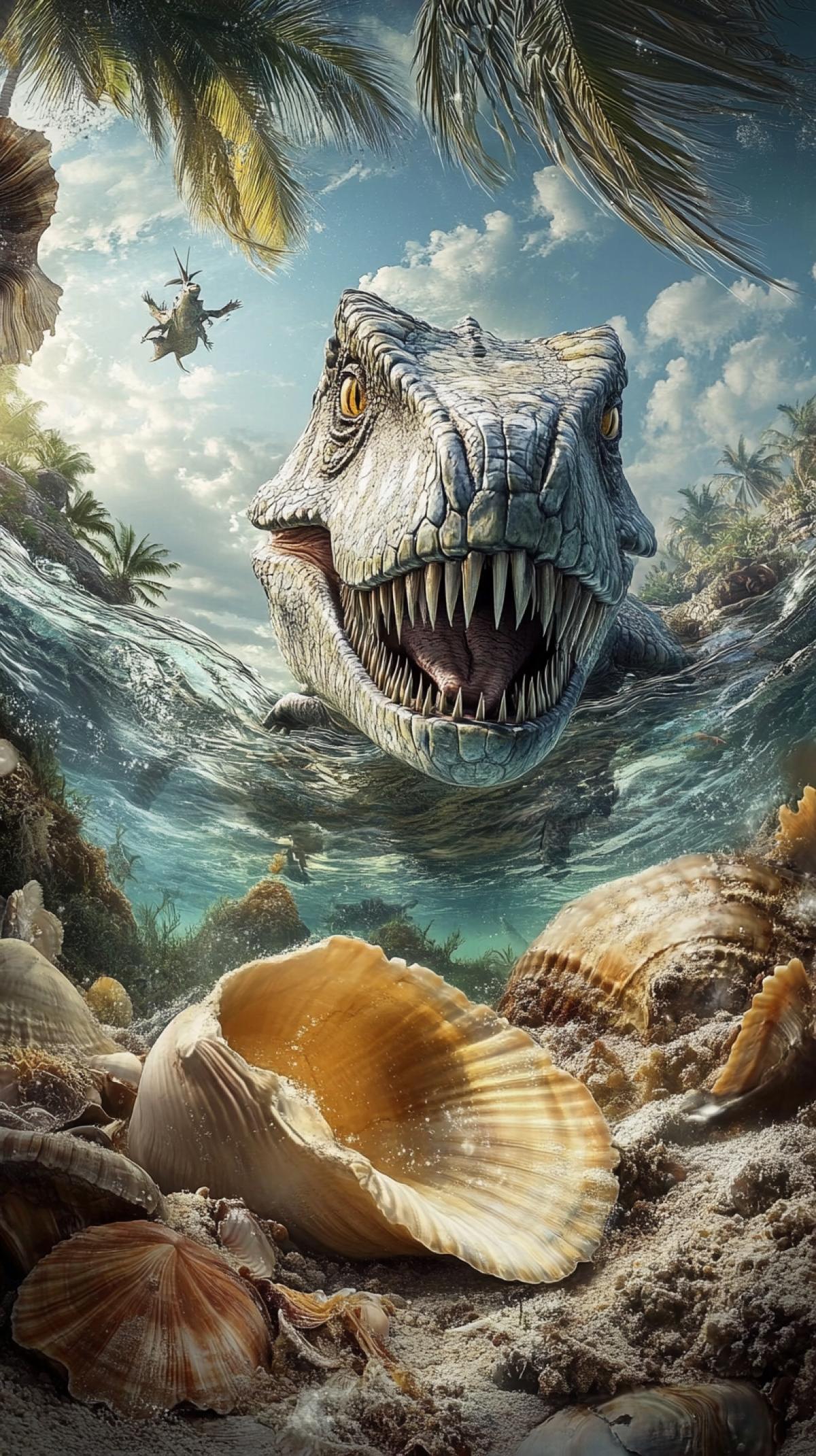 Jurassic sea world, sea dinosaurs, seashells, algae, hunting scene, photos