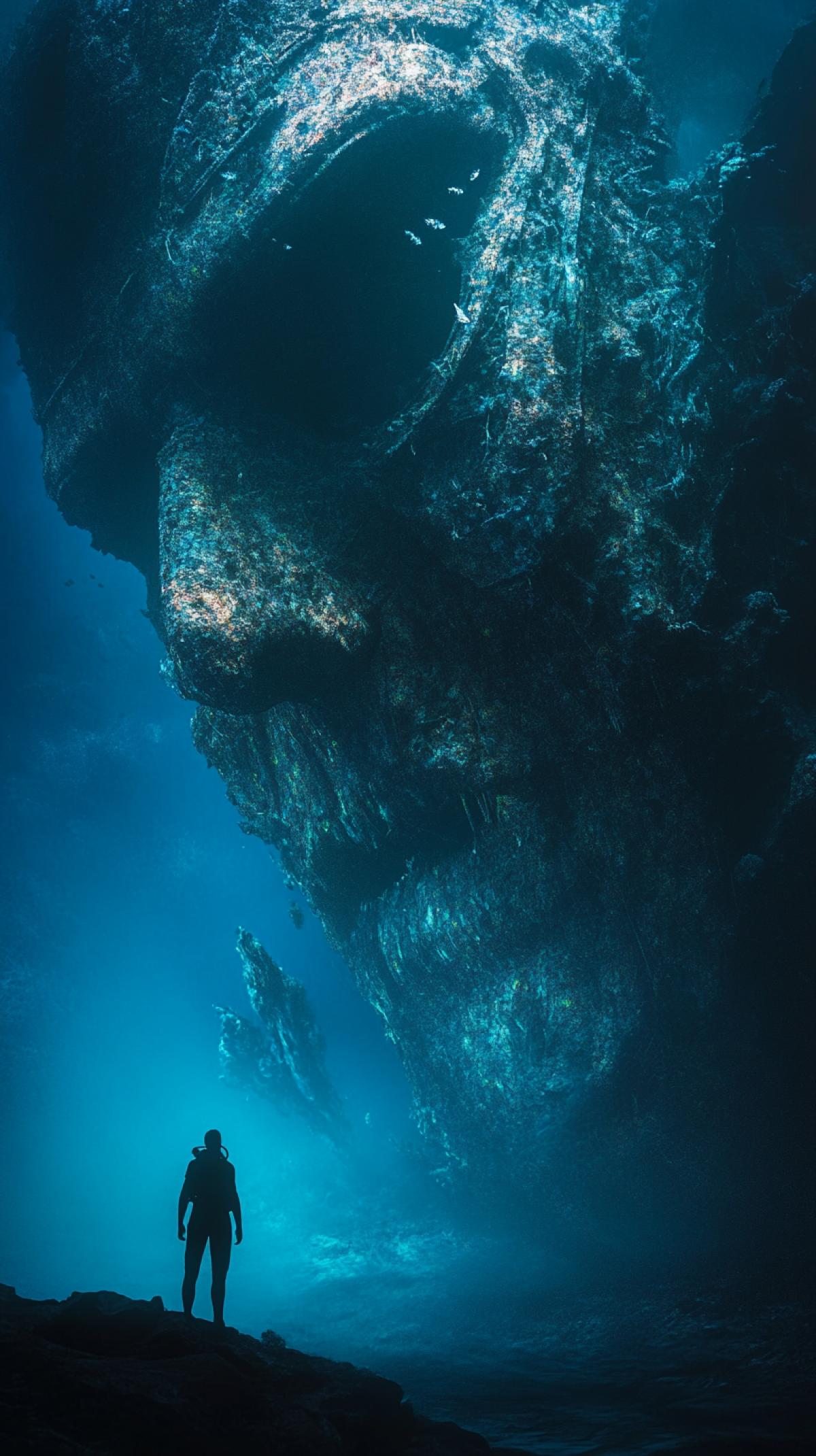 Deep ocean exploration: a lone diver silhouetted against a backdrop of a colossal, ancient shipwreck, surrounded by mysterious, glowing marine life. Focus on the sense of scale and mystery.