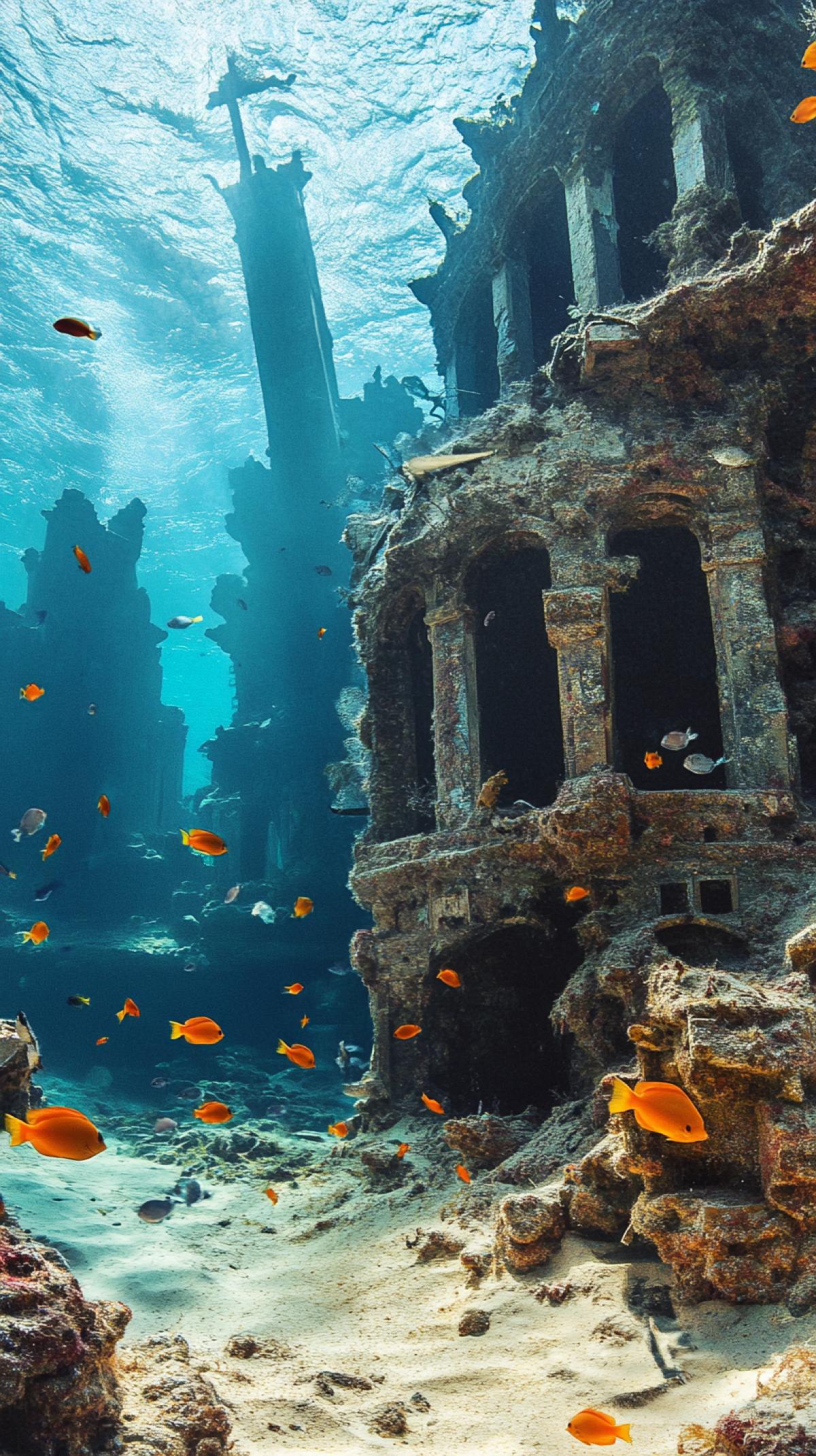 A sunken city, half-buried in sand, slowly being reclaimed by the ocean, with schools of fish swirling around its decaying structures. Convey a sense of lost history and tranquility.