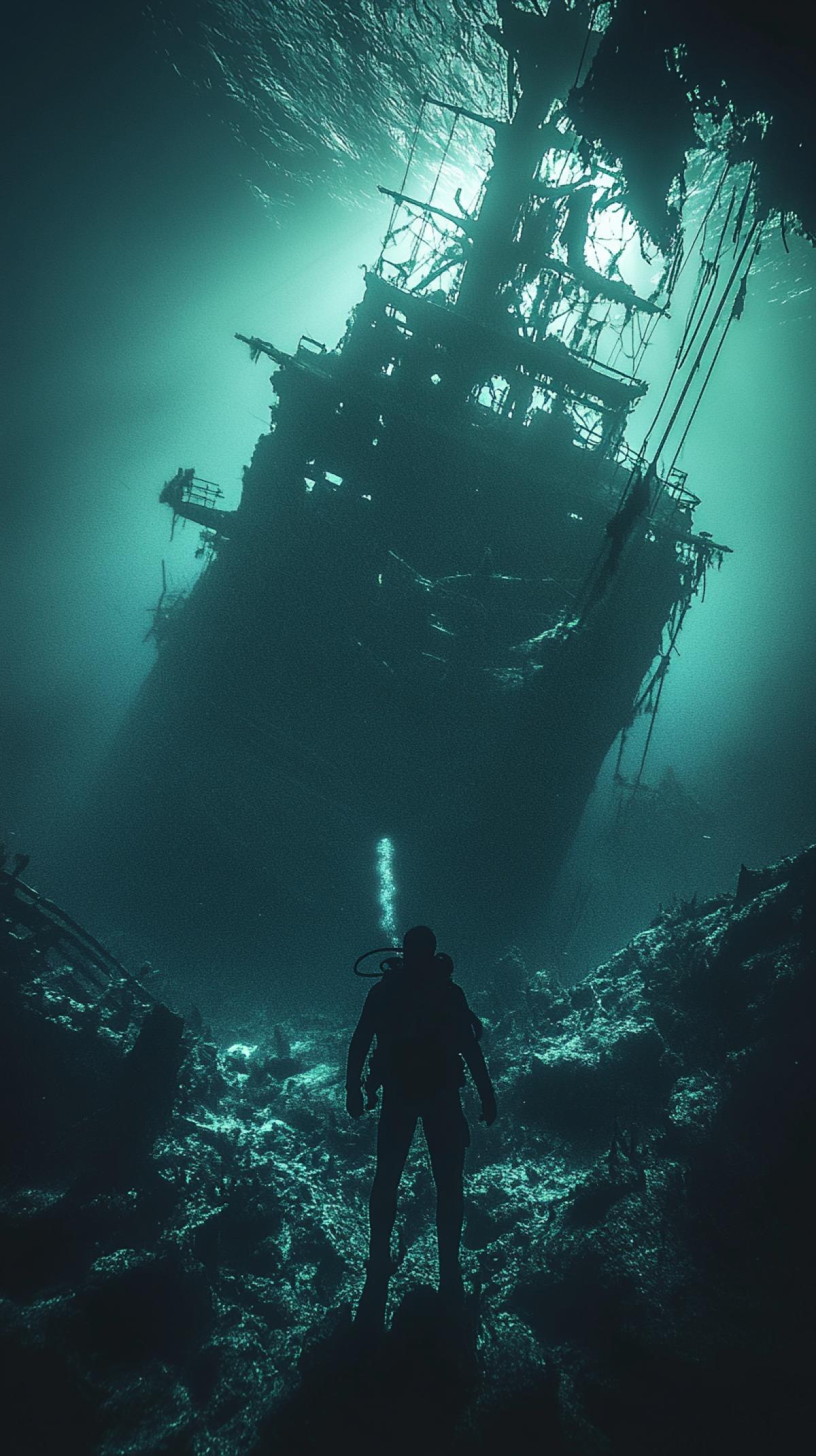 Deep ocean exploration: a lone diver silhouetted against a backdrop of a colossal, ancient shipwreck, surrounded by mysterious, glowing marine life. Focus on the sense of scale and mystery.