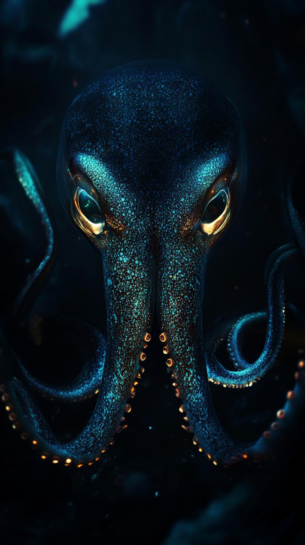 A mysterious, big squid lurking in the inky darkness of the deep ocean, its bioluminescent organism glowing faintly. Emphasize the sense of awe and apprehension.