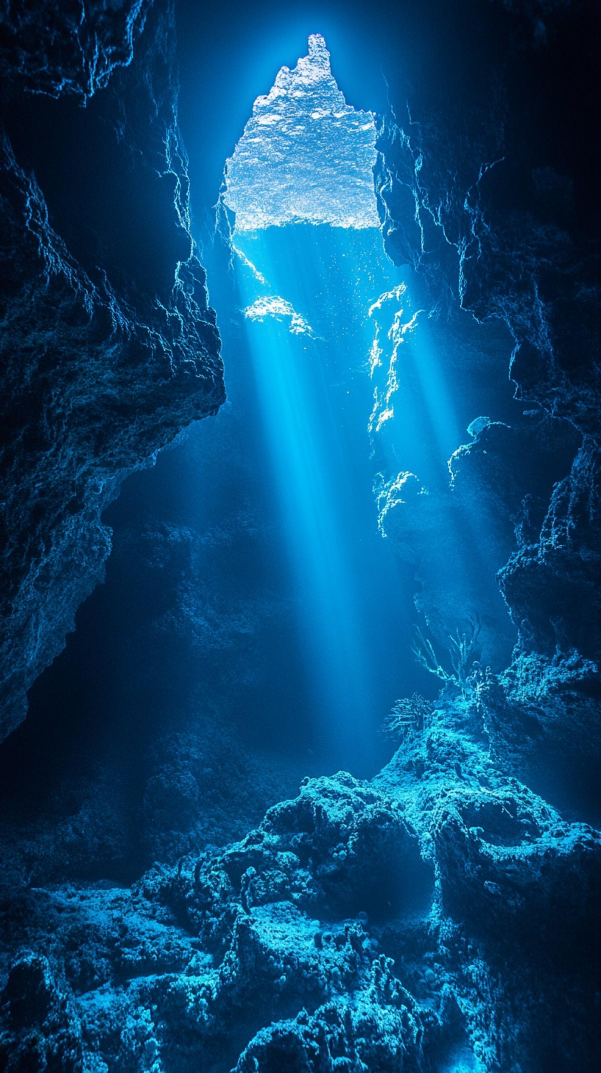 An underwater cave system, bathed in an eerie blue light, with strange, bioluminescent flora and fauna clinging to the walls. Focus on the otherworldly and mysterious aspects.
