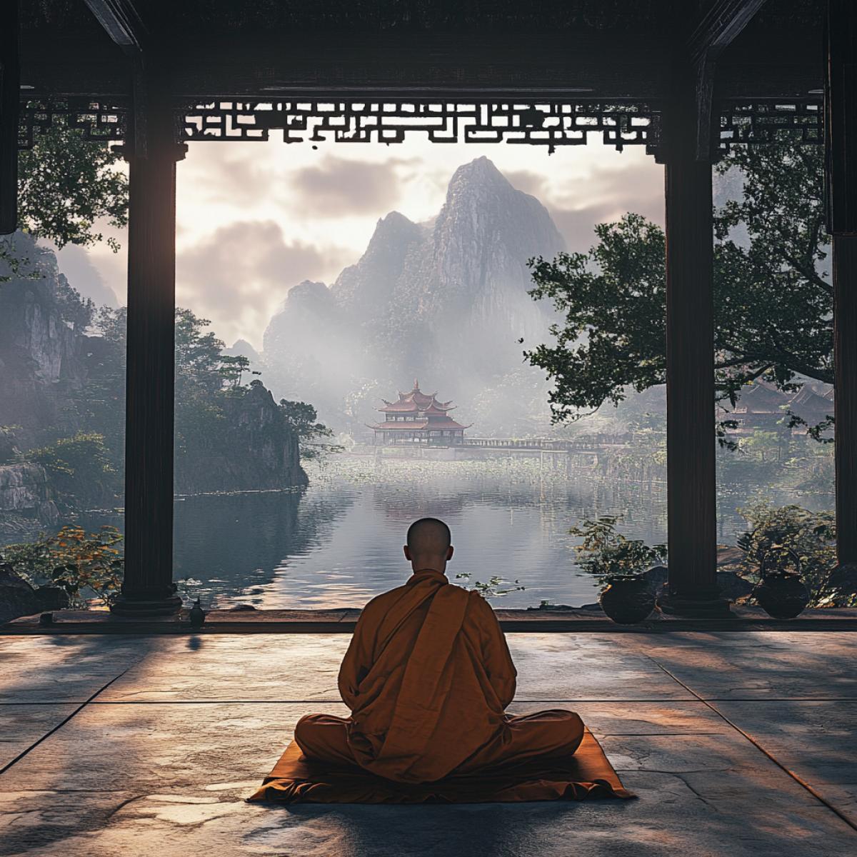 Monk, sits in a 4k, conducts a prayer, a traditional robe, against the backdrop of Shang Gall, there is silence and peace, tumba overflowing tones, high detail, ultrareal graphics, largescale picture reigns around
