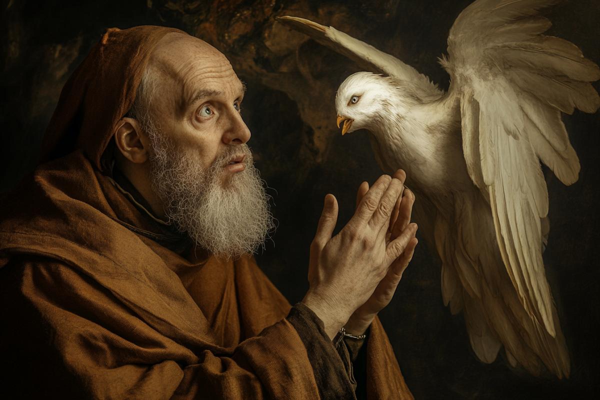 Medieval monk Abel is talking to a white angel