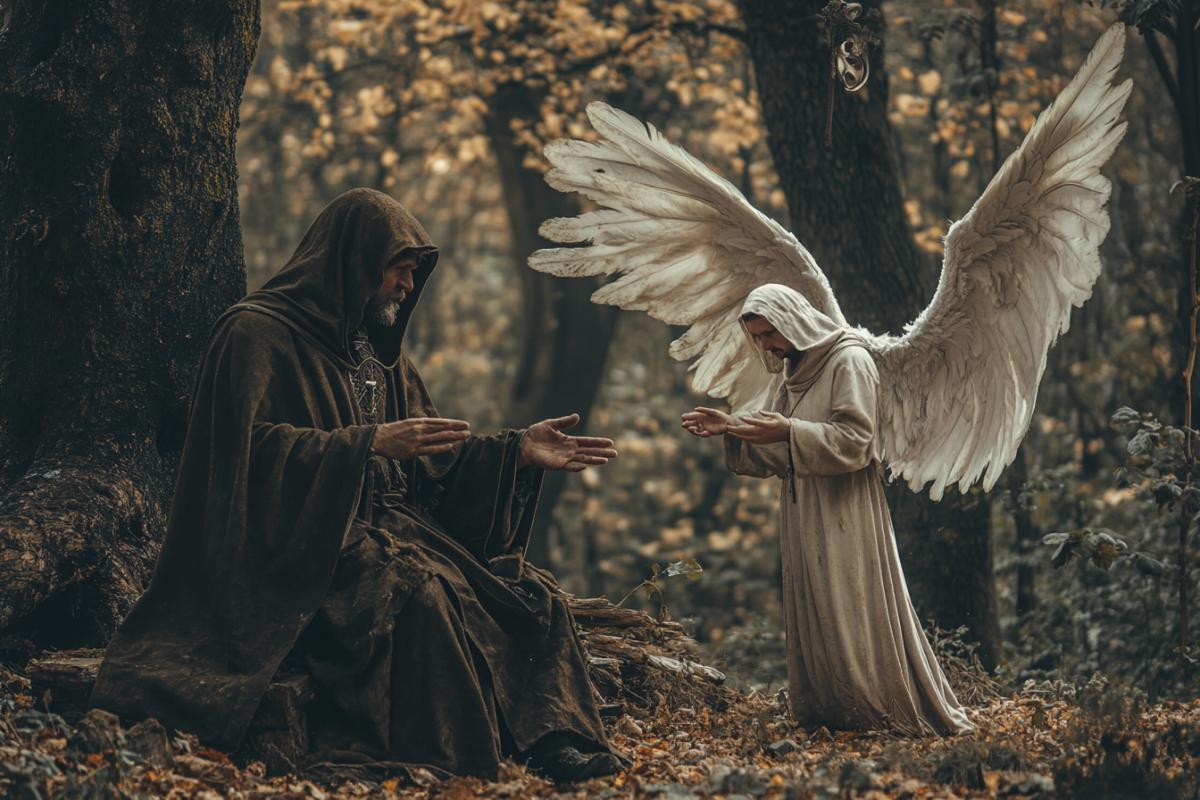 Medieval monk Abel is talking to a white angel