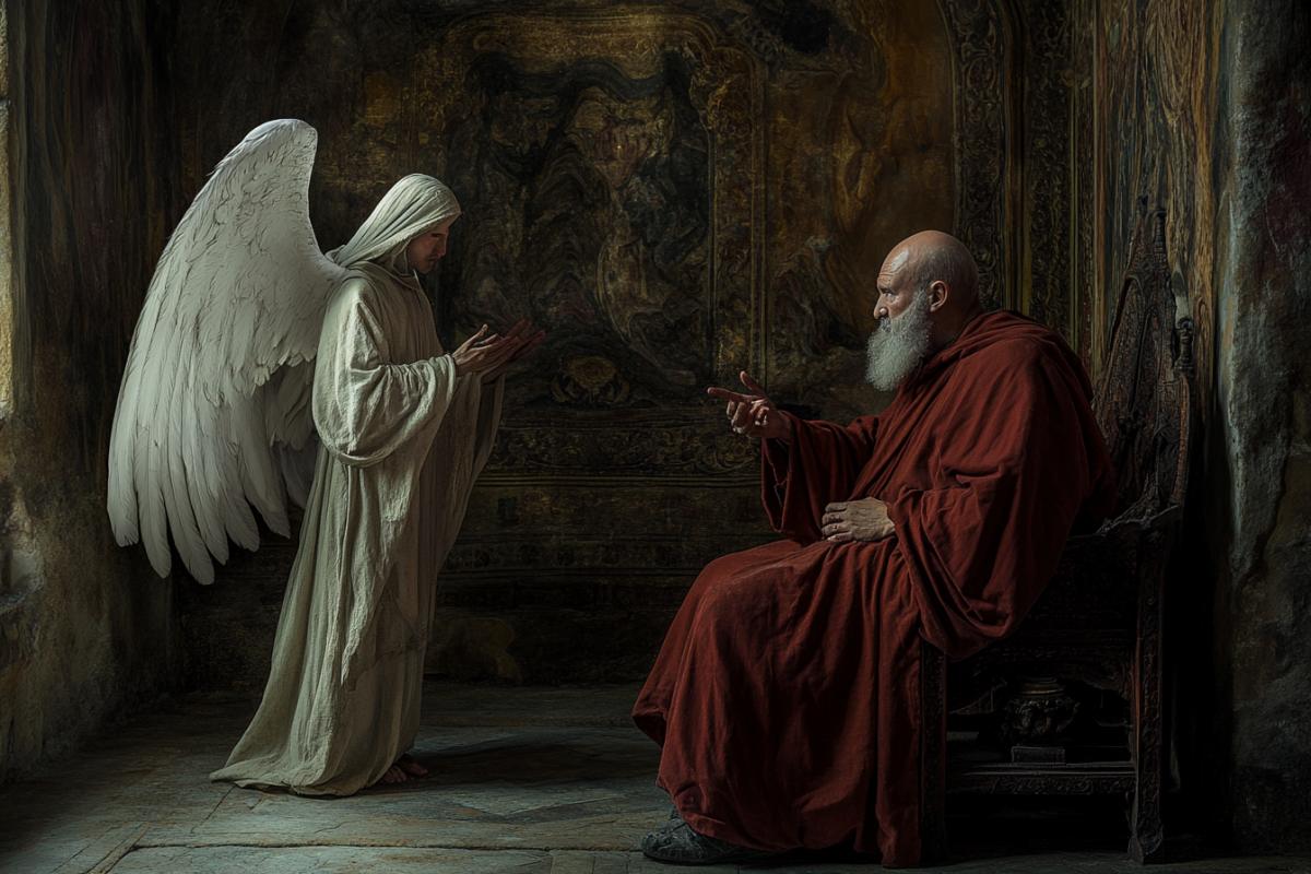 Medieval monk Abel is talking to a white angel